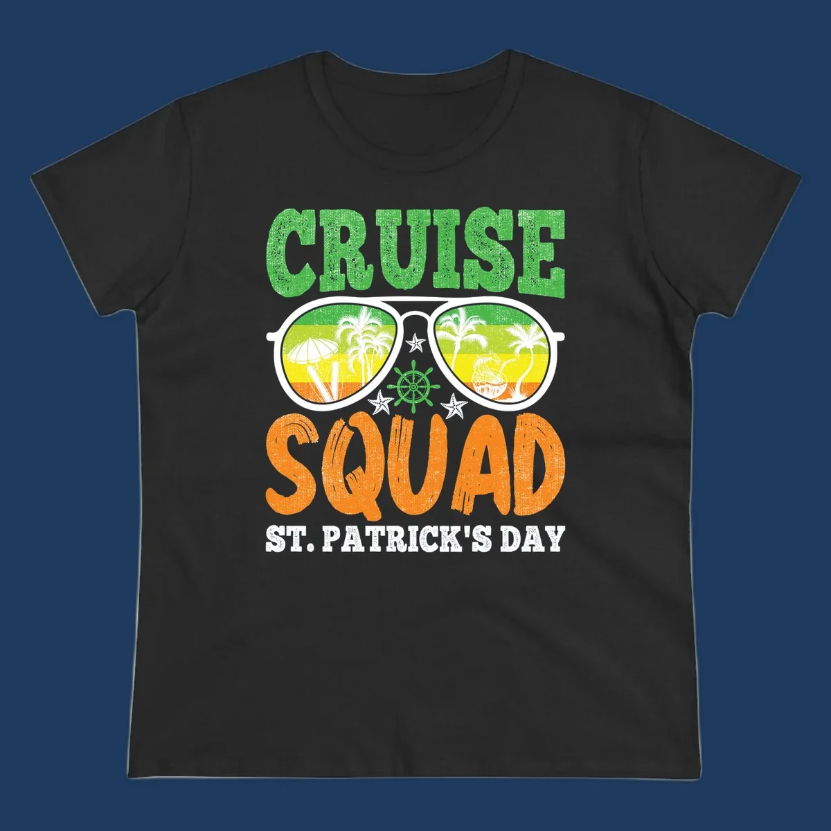 Cruise squad St Patrick's Day design with tropical sunglasses, palm trees, and beach scenes in green and orange