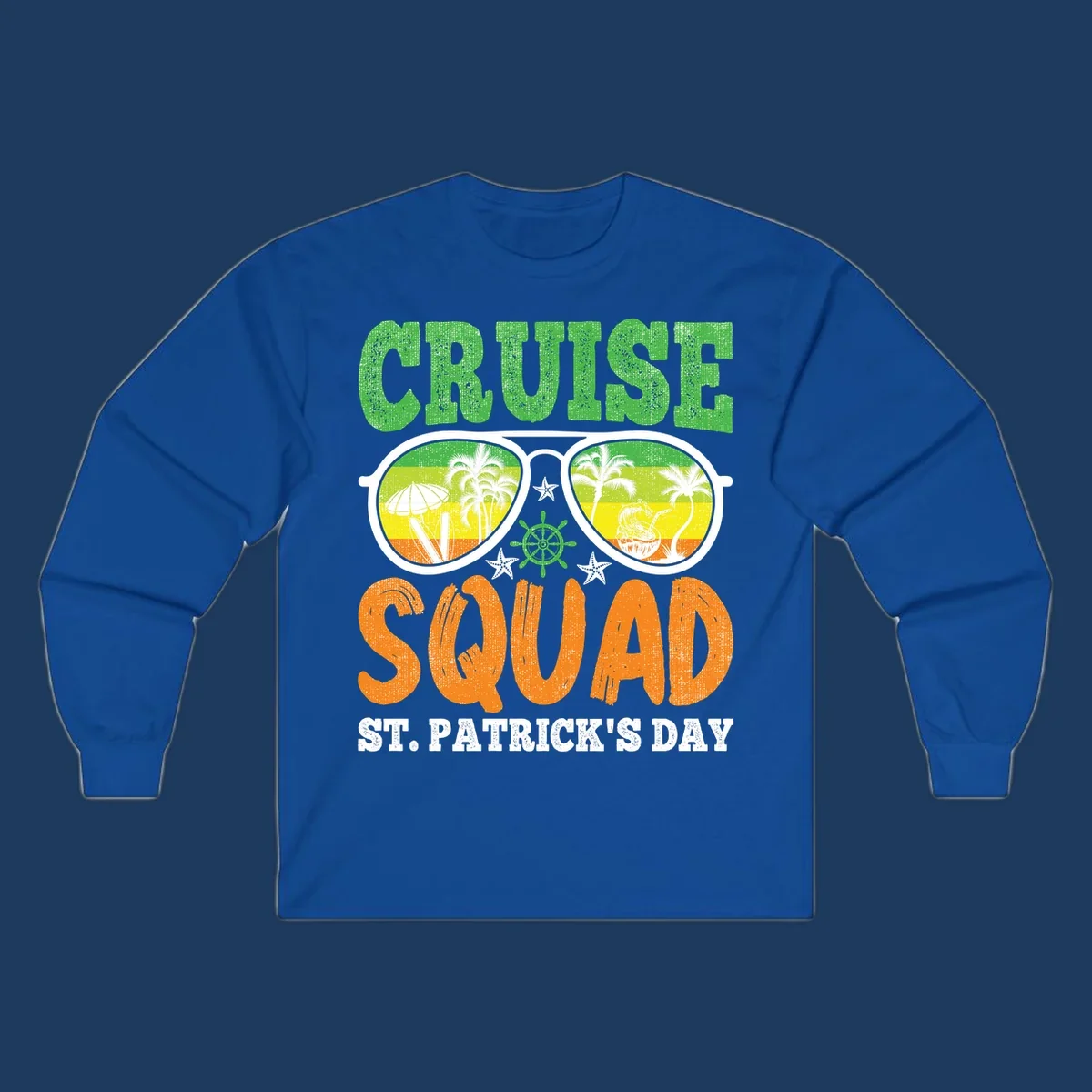 Cruise squad St Patrick's Day design with tropical sunglasses, palm trees, and beach scenes in green and orange