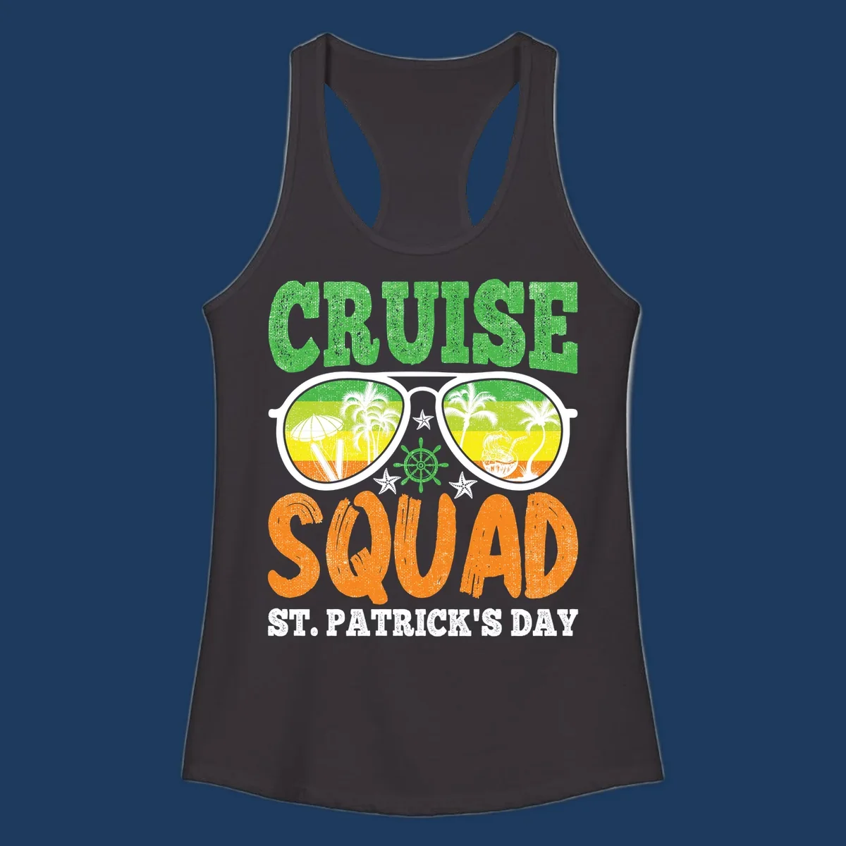 Cruise squad St Patrick's Day design with tropical sunglasses, palm trees, and beach scenes in green and orange