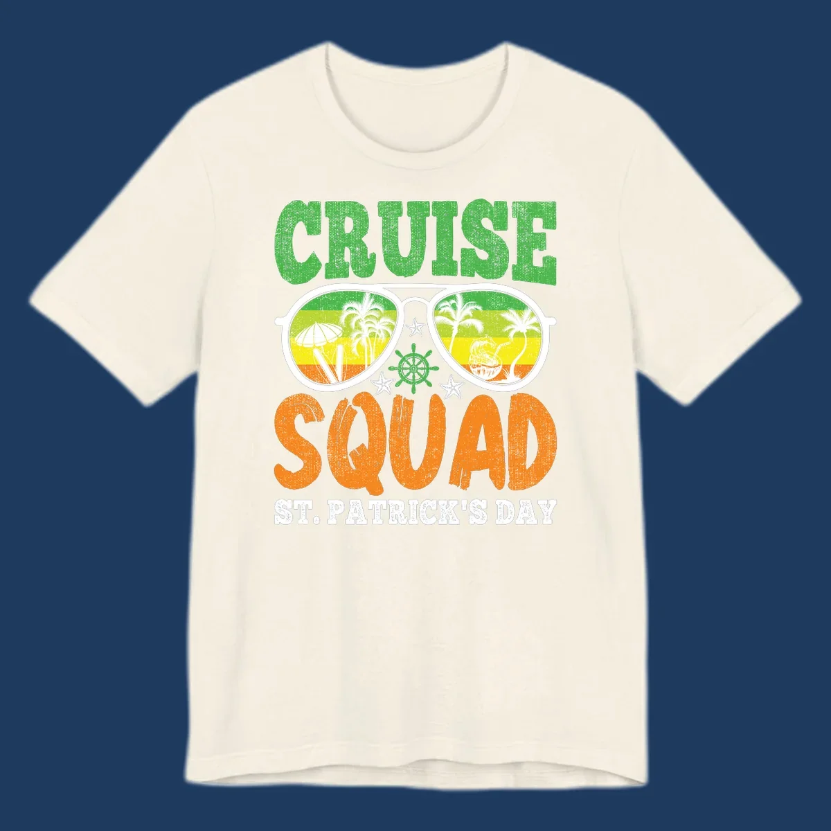 Cruise squad St Patrick's Day design with tropical sunglasses, palm trees, and beach scenes in green and orange
