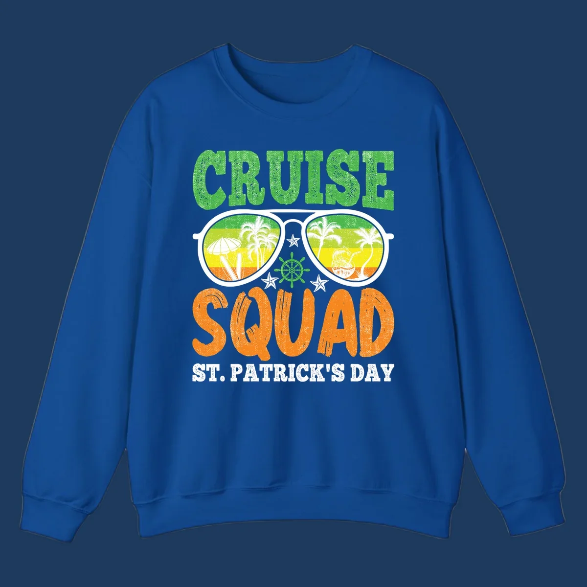 Cruise squad St Patrick's Day design with tropical sunglasses, palm trees, and beach scenes in green and orange