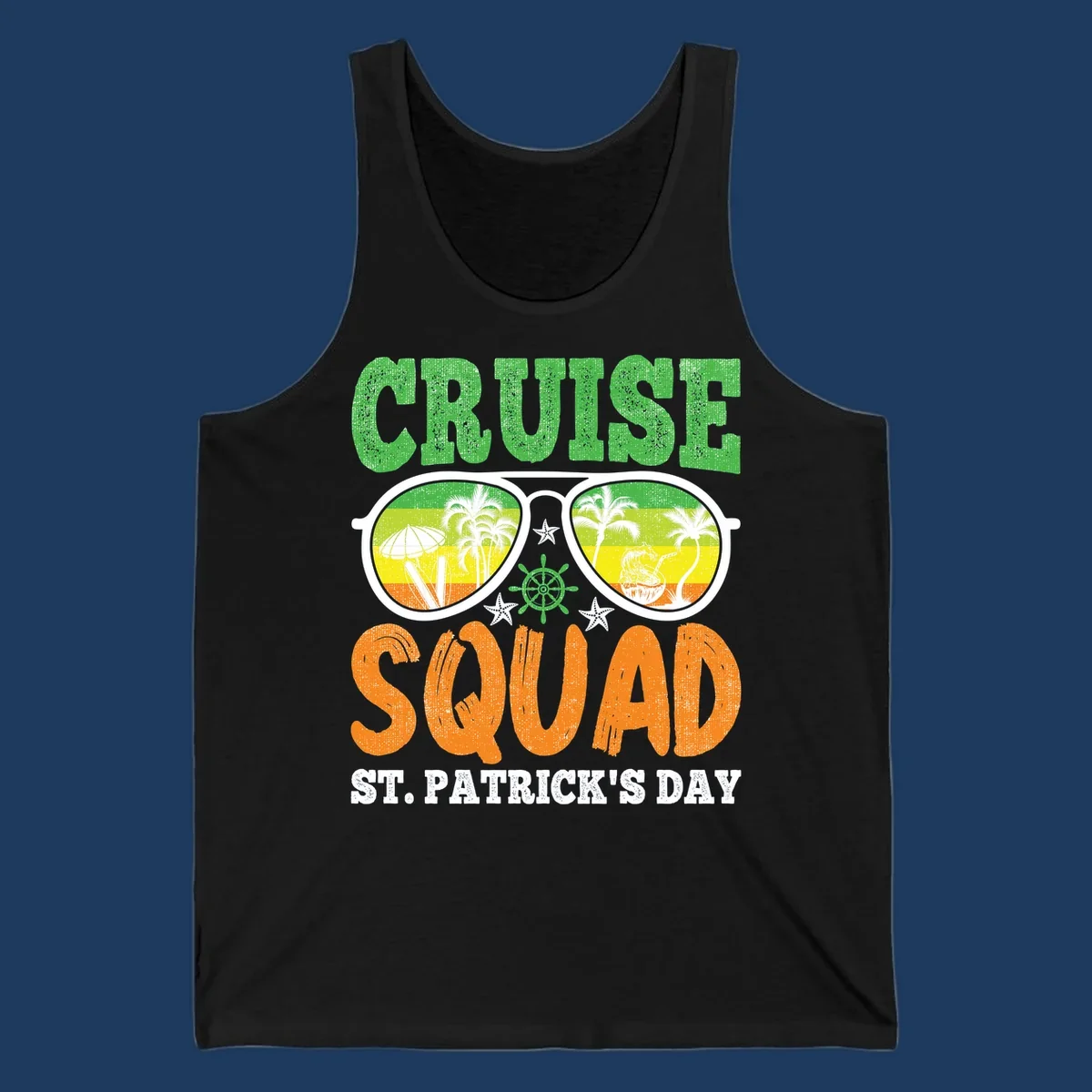 Cruise squad St Patrick's Day design with tropical sunglasses, palm trees, and beach scenes in green and orange