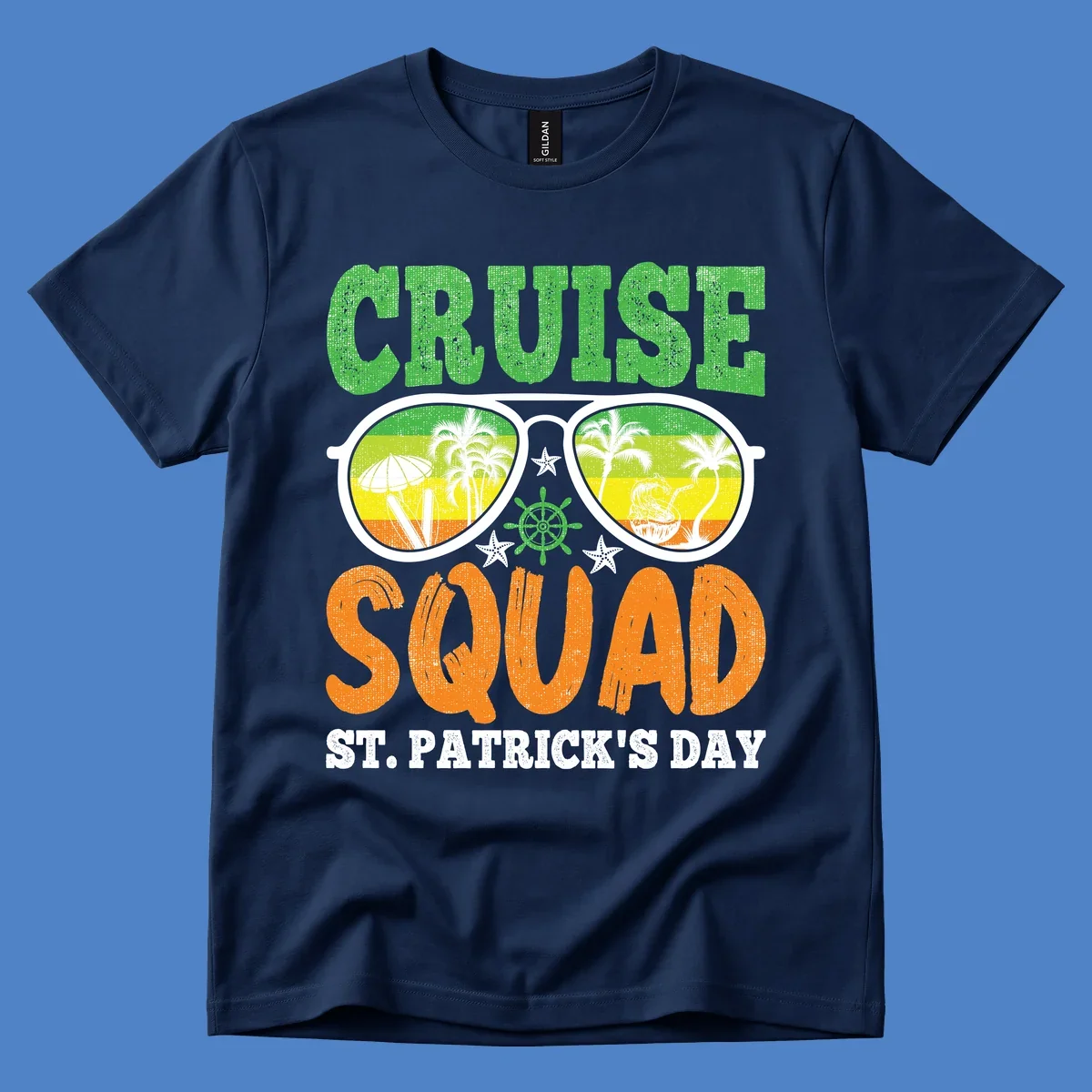 Cruise squad St Patrick's Day design with tropical sunglasses, palm trees, and beach scenes in green and orange