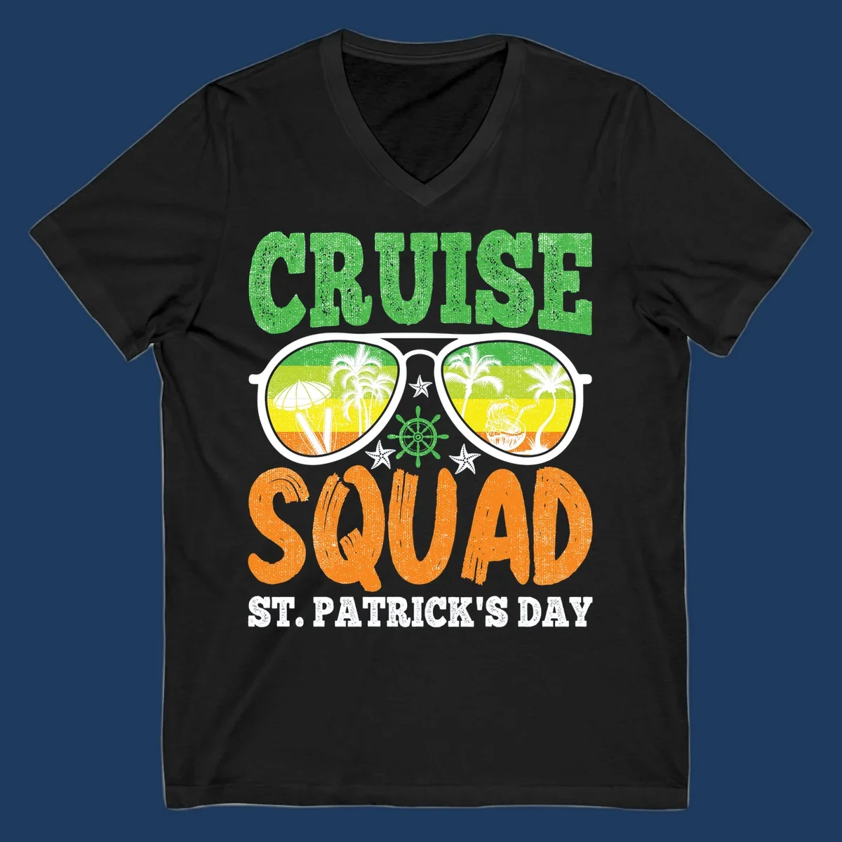 Cruise squad St Patrick's Day design with tropical sunglasses, palm trees, and beach scenes in green and orange