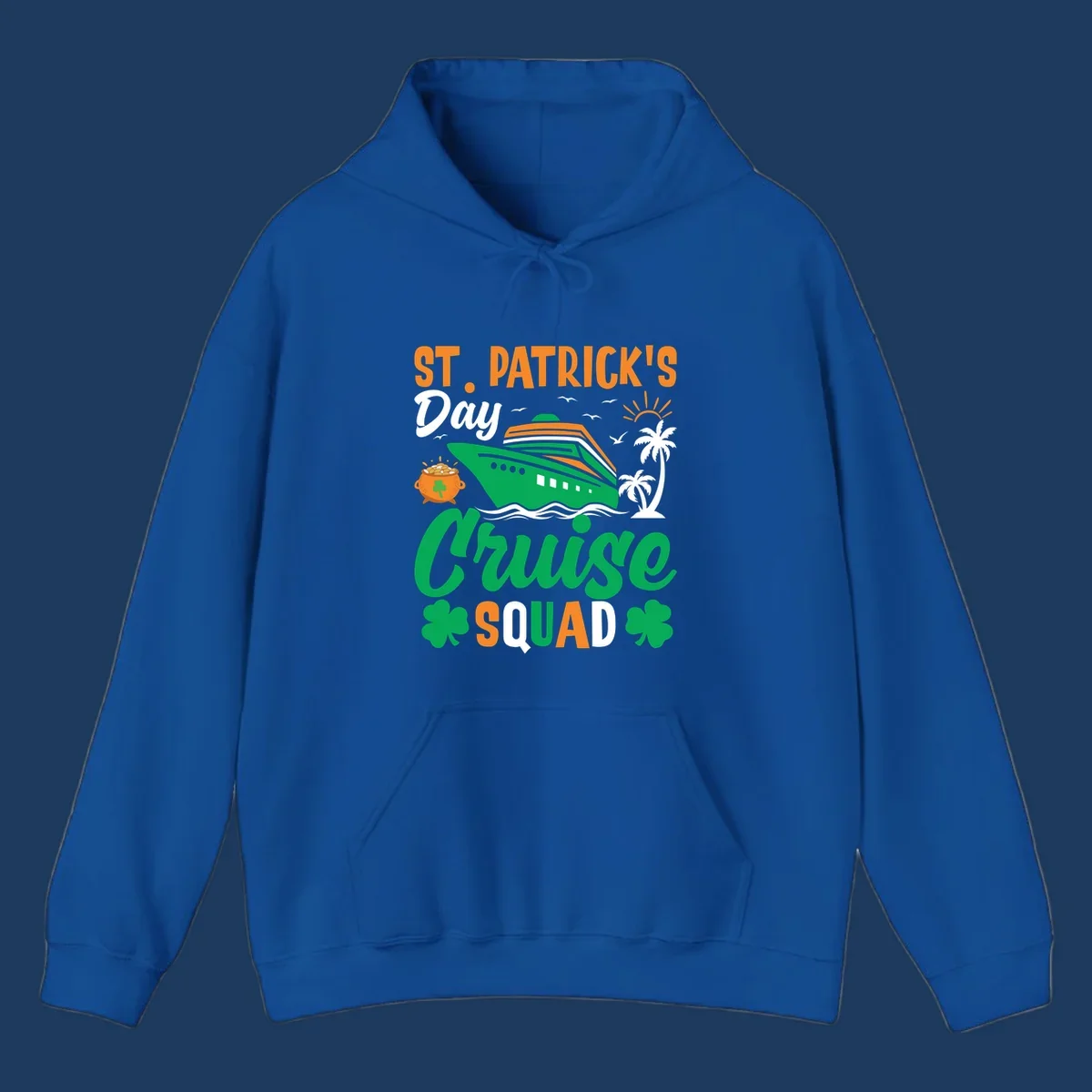 St. Patrick's Day cruise squad design with green ship, shamrocks, palm trees, pot of gold, and sun on gray background