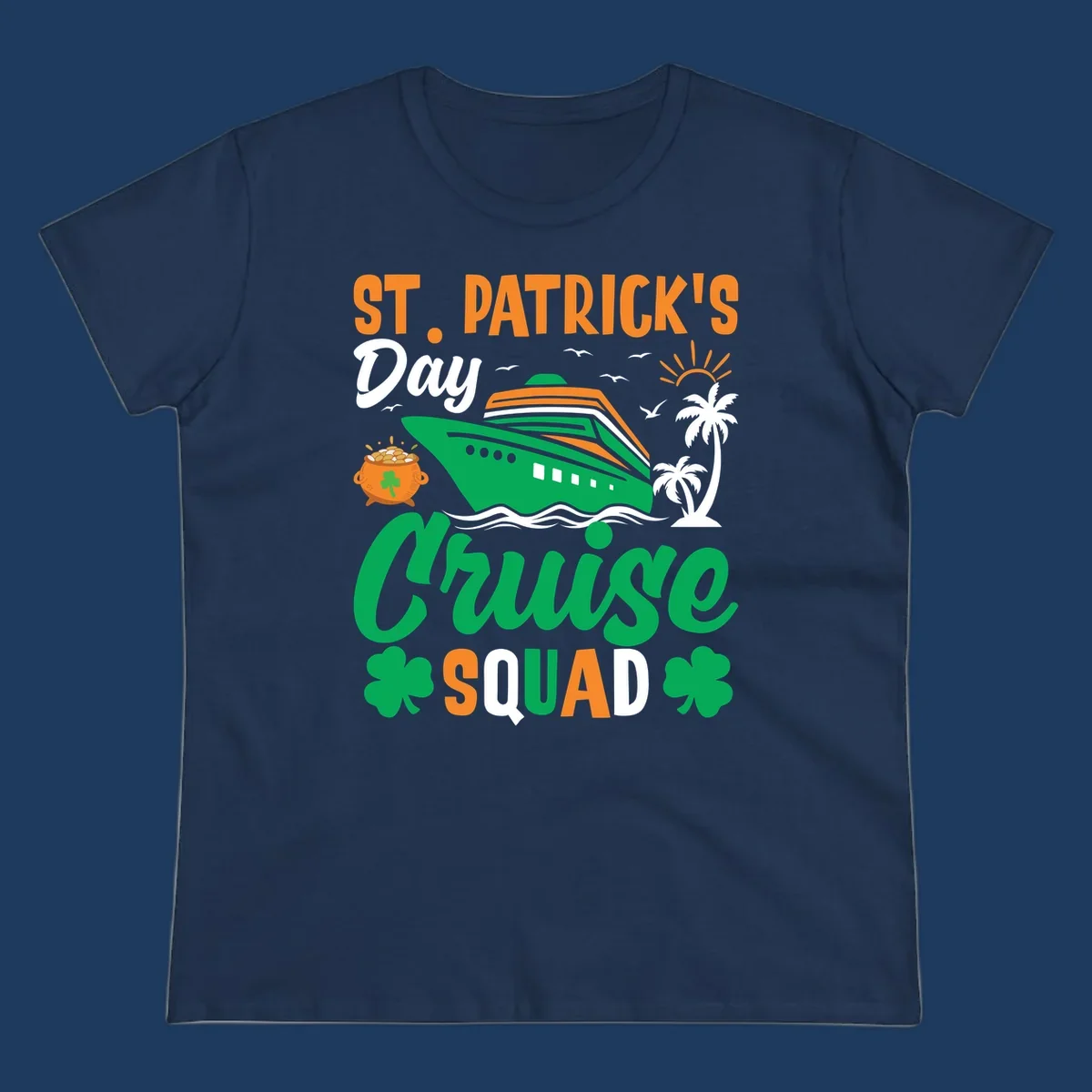 St. Patrick's Day cruise squad design with green ship, shamrocks, palm trees, pot of gold, and sun on gray background