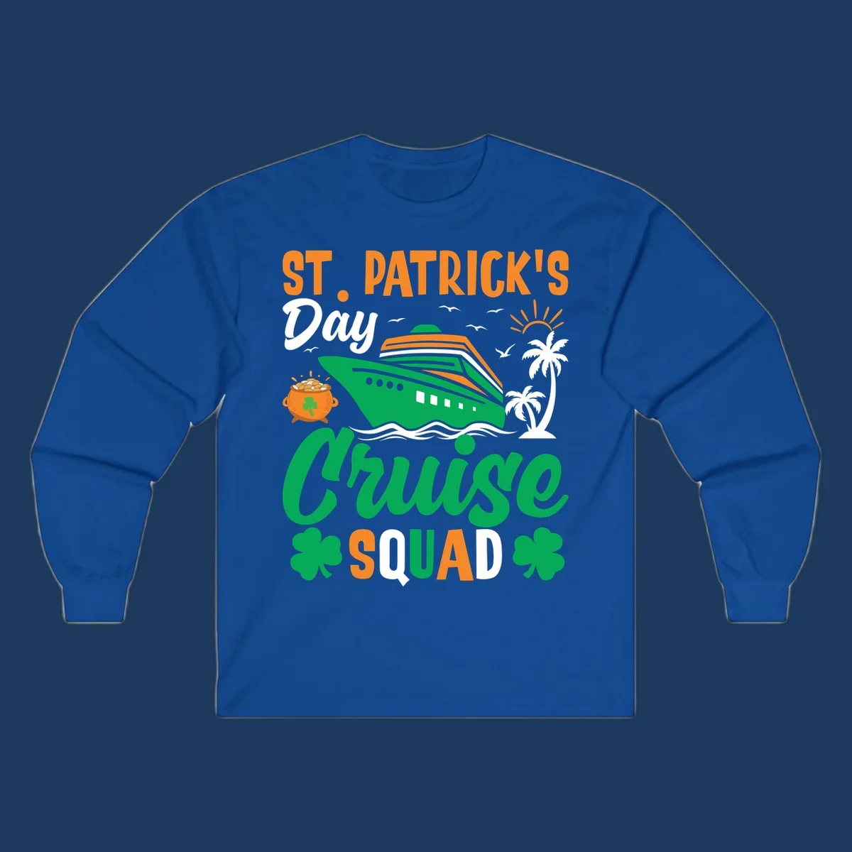 St. Patrick's Day cruise squad design with green ship, shamrocks, palm trees, pot of gold, and sun on gray background
