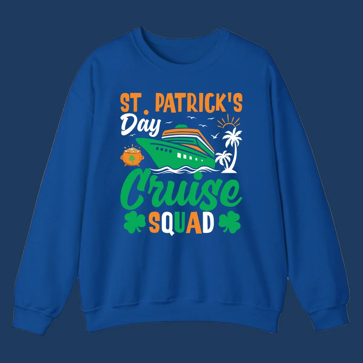 St. Patrick's Day cruise squad design with green ship, shamrocks, palm trees, pot of gold, and sun on gray background