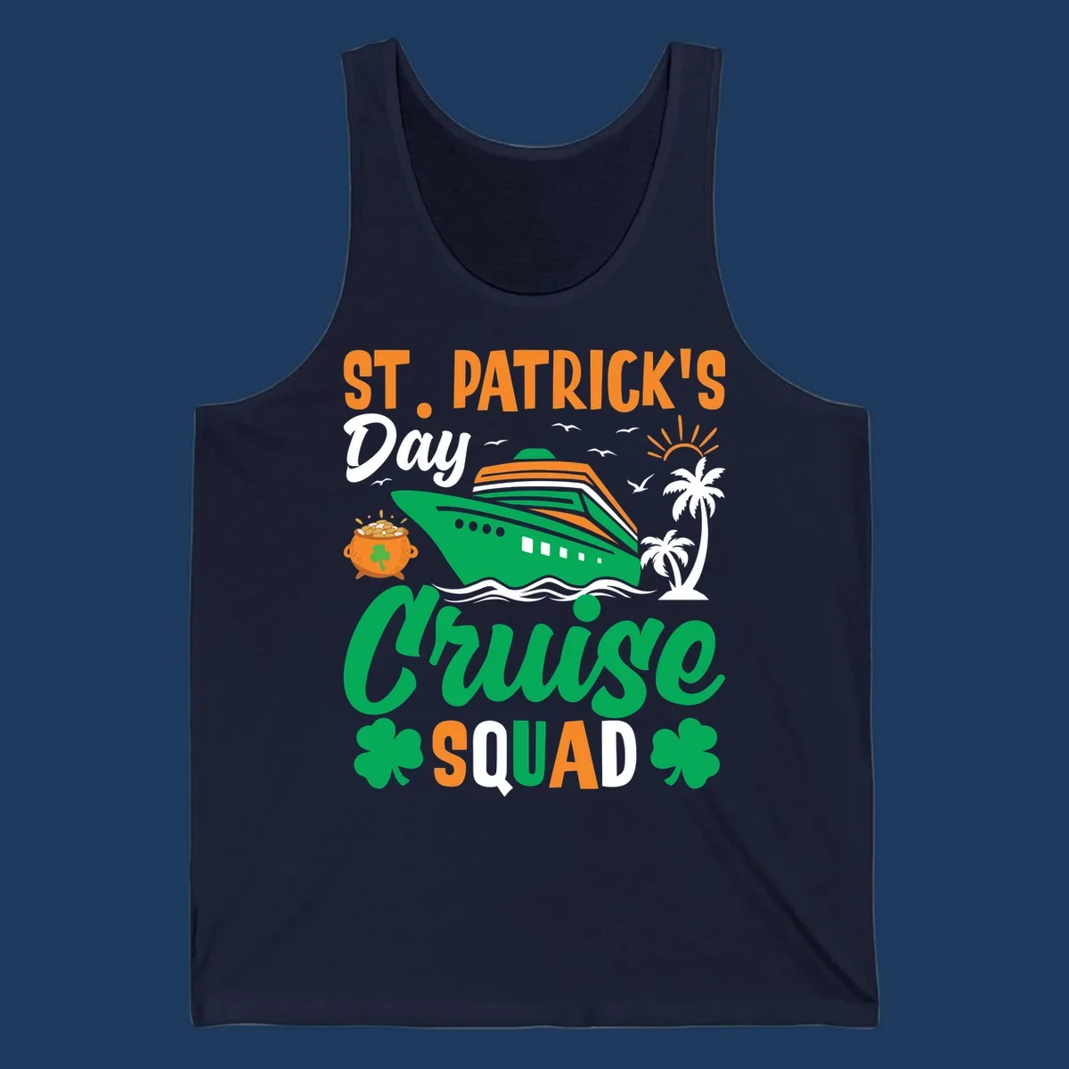 St. Patrick's Day cruise squad design with green ship, shamrocks, palm trees, pot of gold, and sun on gray background