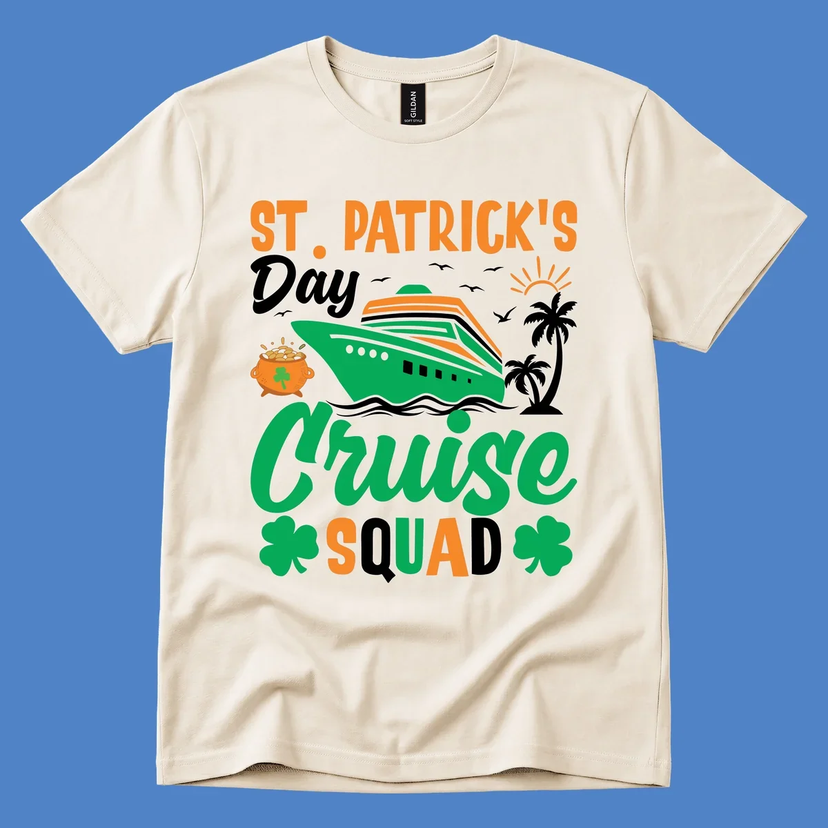 St. Patrick's Day cruise squad design with green ship, shamrocks, palm trees, pot of gold, and sun on gray background