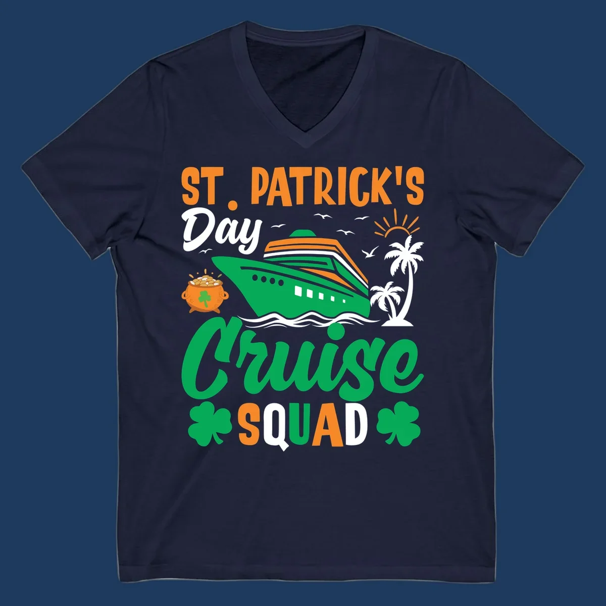 St. Patrick's Day cruise squad design with green ship, shamrocks, palm trees, pot of gold, and sun on gray background