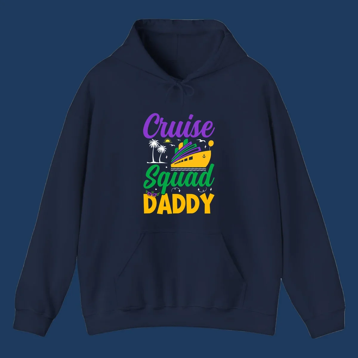 Cruise Squad Daddy design with purple text, yellow cruise ship, palm trees, and tropical party elements on gray background
