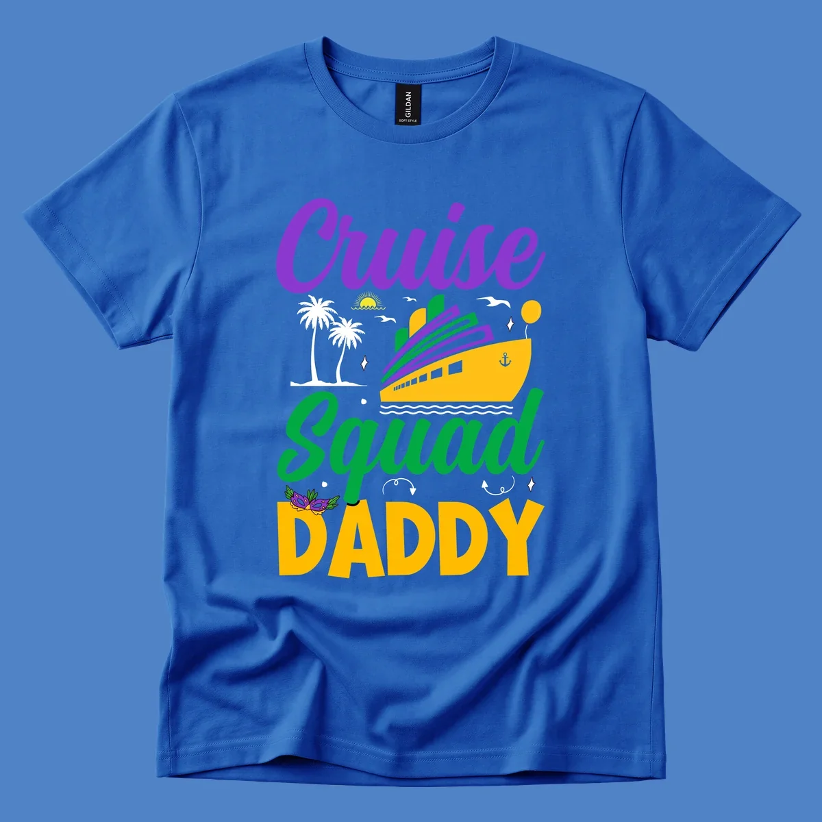 Cruise Squad Daddy design with purple text, yellow cruise ship, palm trees, and tropical party elements on gray background