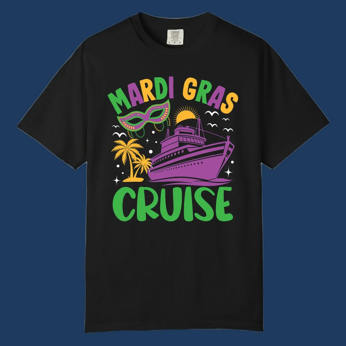 Mardi gras cruise ship design with purple vessel, ornate green masquerade mask, palm trees, sun, and festive beads on gray background