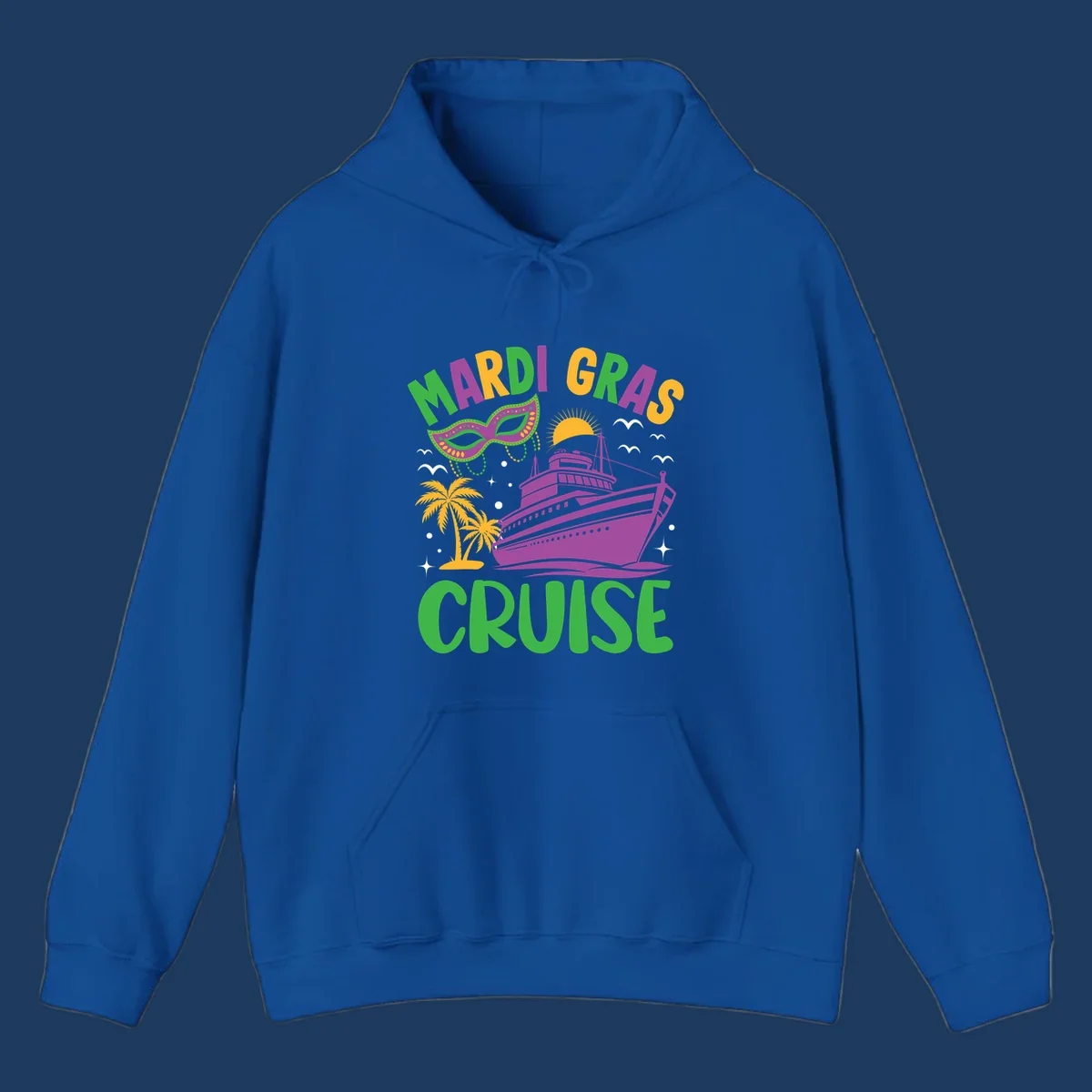 Mardi gras cruise ship design with purple vessel, ornate green masquerade mask, palm trees, sun, and festive beads on gray background
