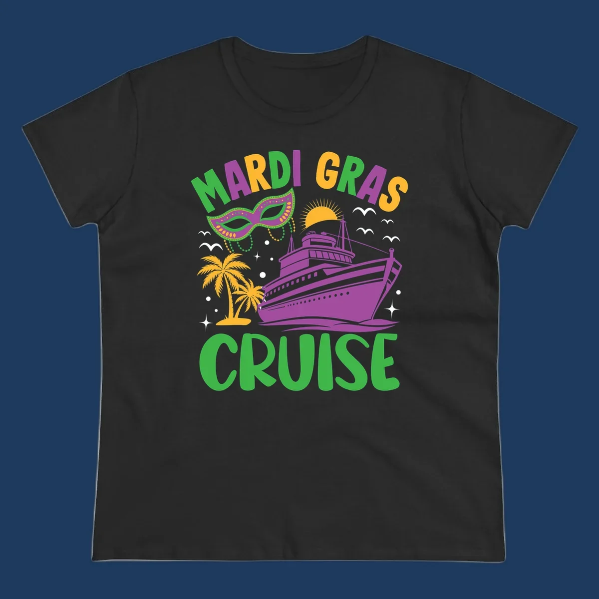 Mardi gras cruise ship design with purple vessel, ornate green masquerade mask, palm trees, sun, and festive beads on gray background