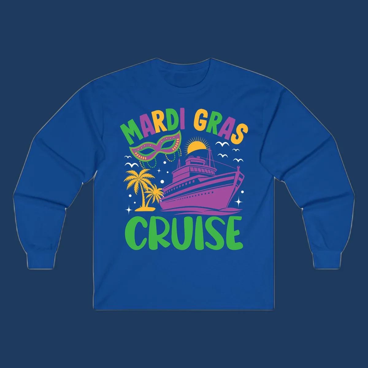 Mardi gras cruise ship design with purple vessel, ornate green masquerade mask, palm trees, sun, and festive beads on gray background