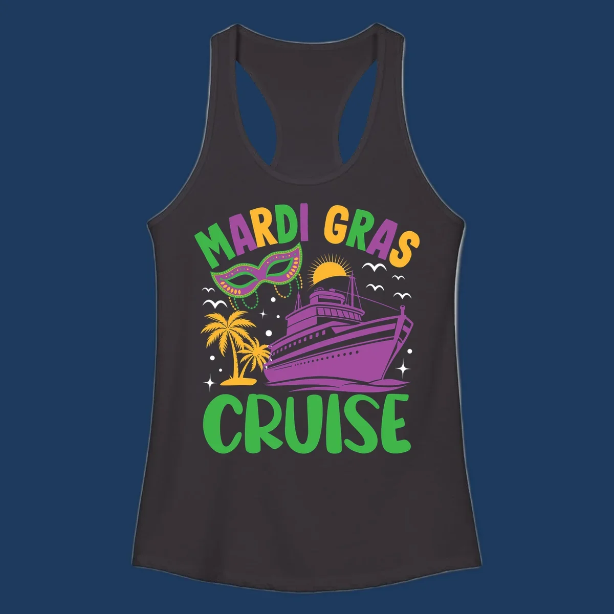 Mardi gras cruise ship design with purple vessel, ornate green masquerade mask, palm trees, sun, and festive beads on gray background
