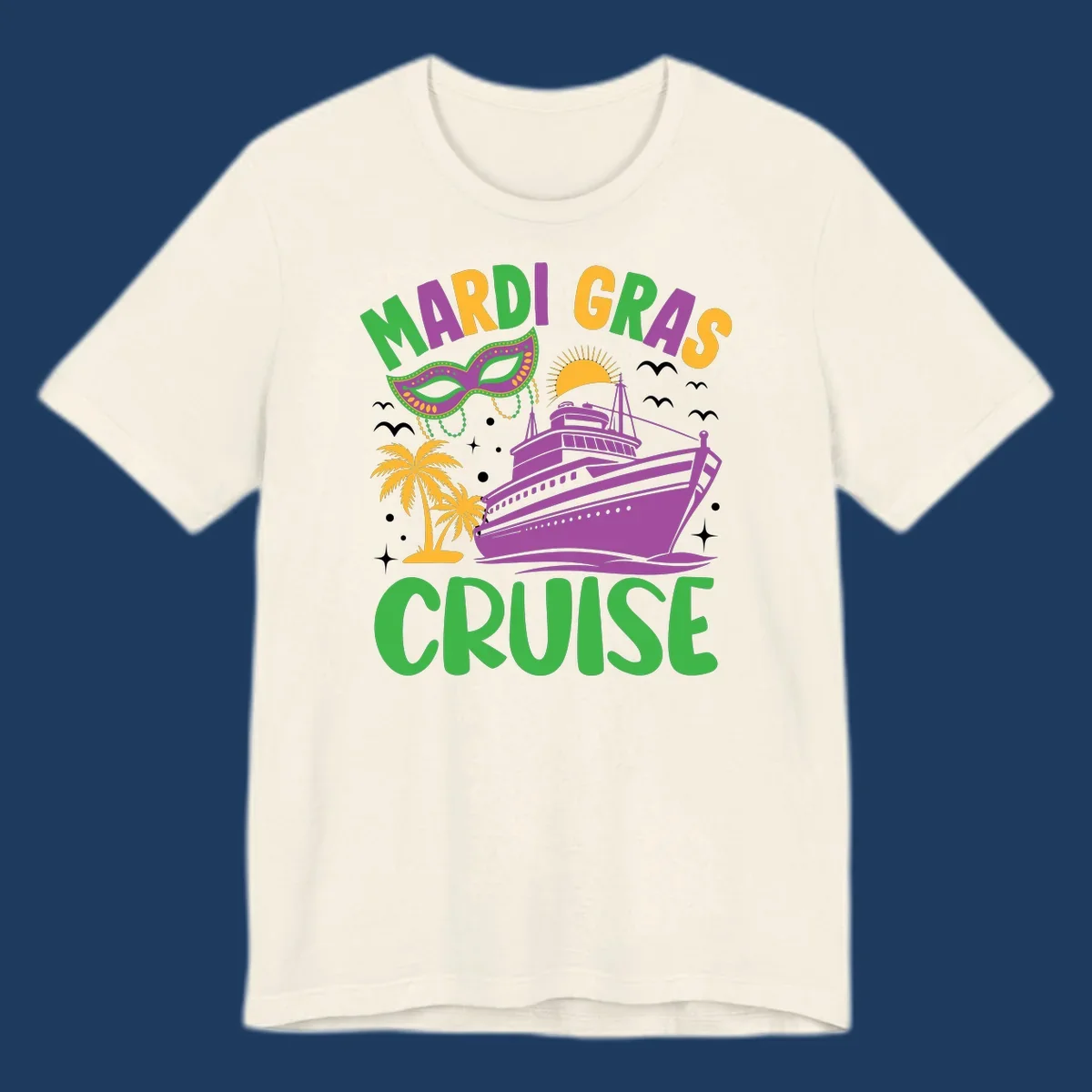 Mardi gras cruise ship design with purple vessel, ornate green masquerade mask, palm trees, sun, and festive beads on gray background