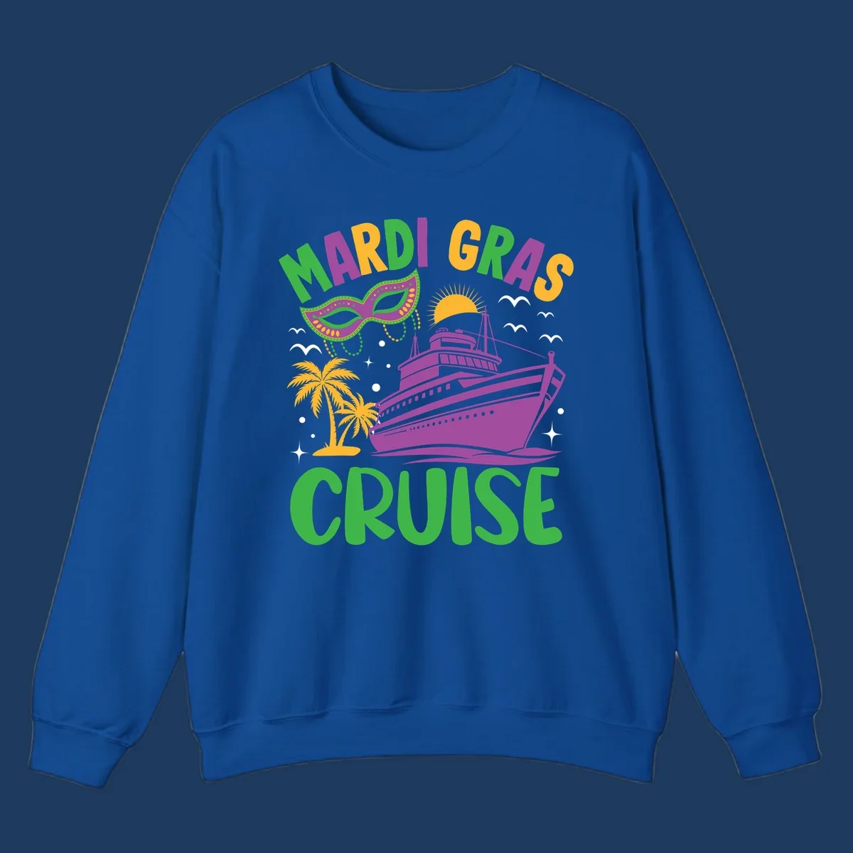 Mardi gras cruise ship design with purple vessel, ornate green masquerade mask, palm trees, sun, and festive beads on gray background