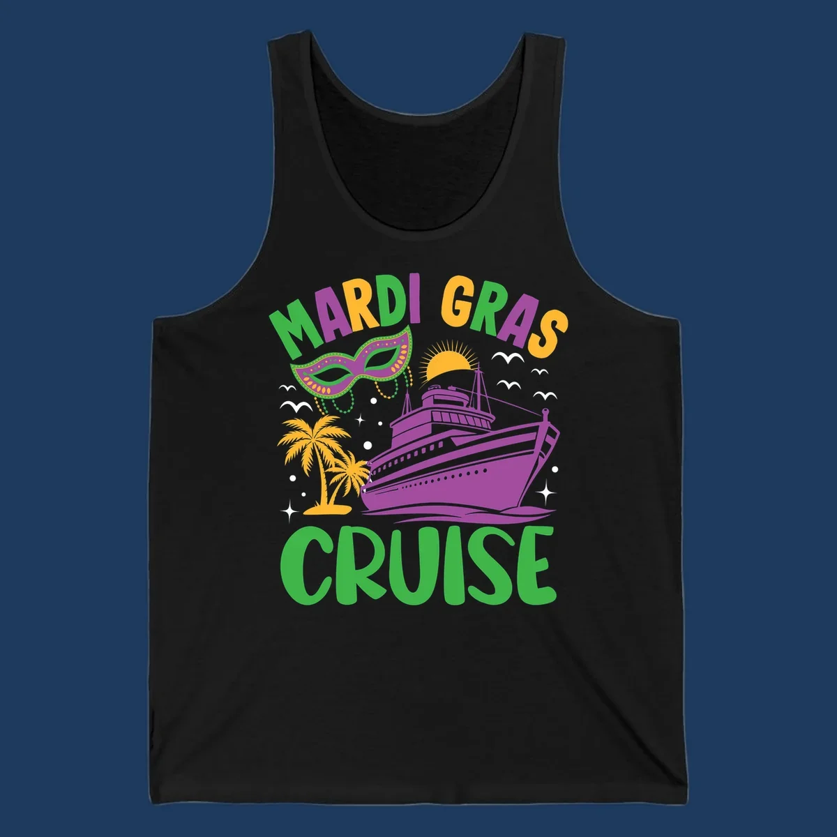 Mardi gras cruise ship design with purple vessel, ornate green masquerade mask, palm trees, sun, and festive beads on gray background