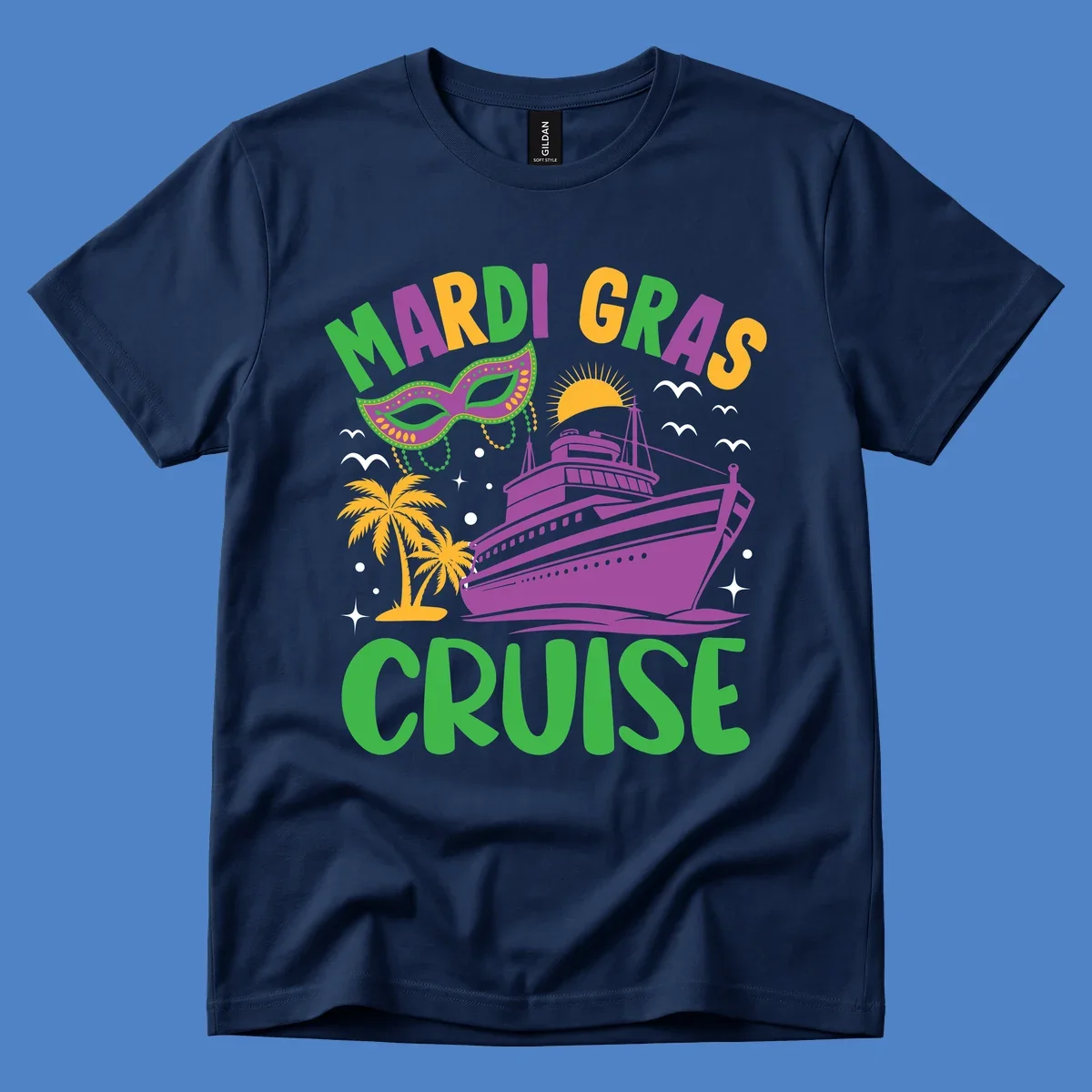 Mardi gras cruise ship design with purple vessel, ornate green masquerade mask, palm trees, sun, and festive beads on gray background