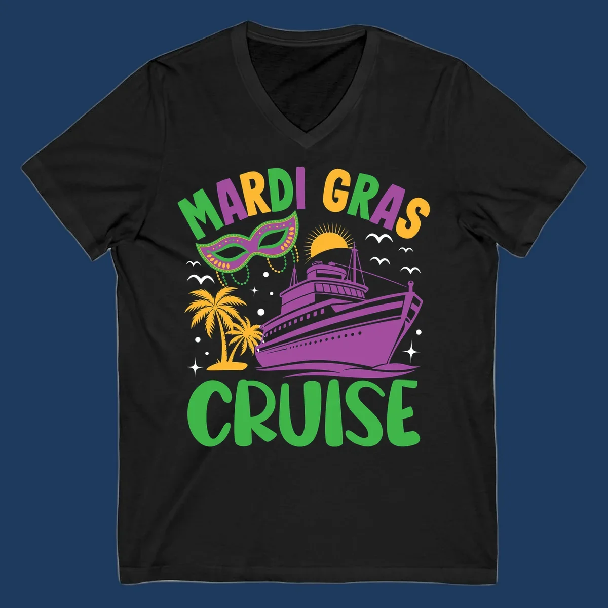 Mardi gras cruise ship design with purple vessel, ornate green masquerade mask, palm trees, sun, and festive beads on gray background