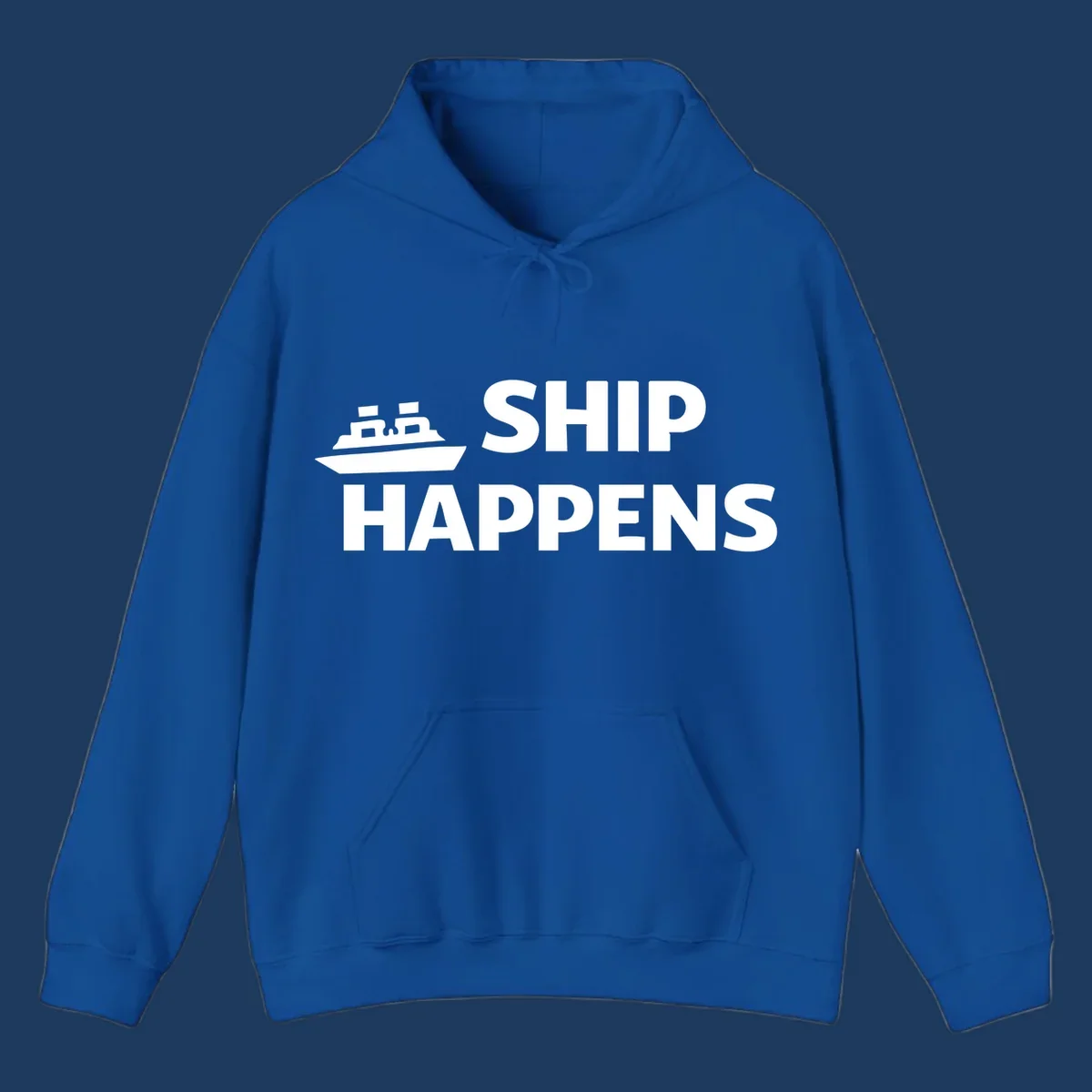 White cruise ship illustration with bold text reading 'Ship Happens' on gray background—nautical pun design