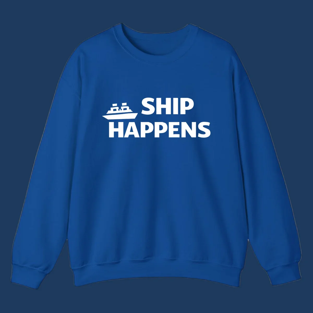 White cruise ship illustration with bold text reading 'Ship Happens' on gray background—nautical pun design
