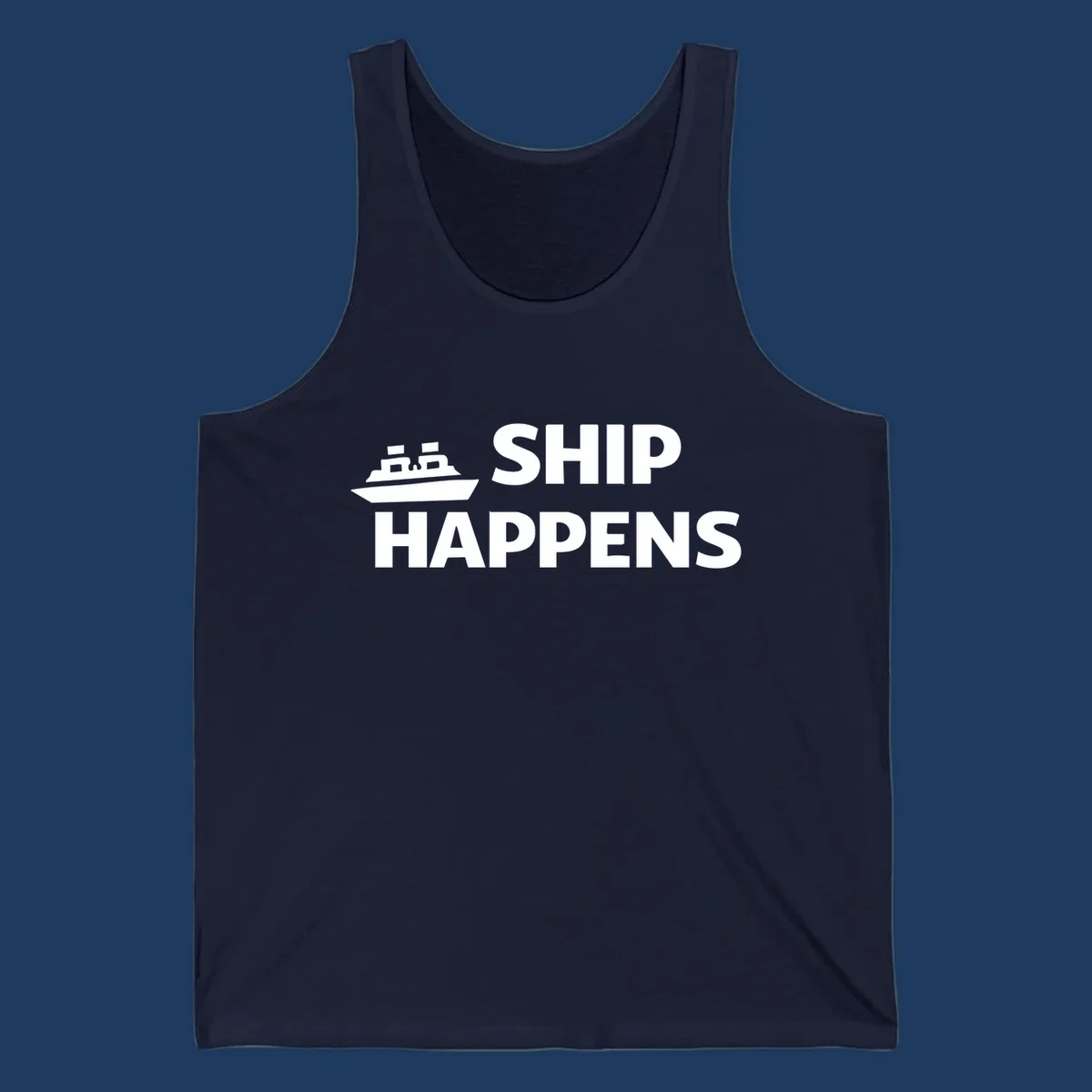 White cruise ship illustration with bold text reading 'Ship Happens' on gray background—nautical pun design