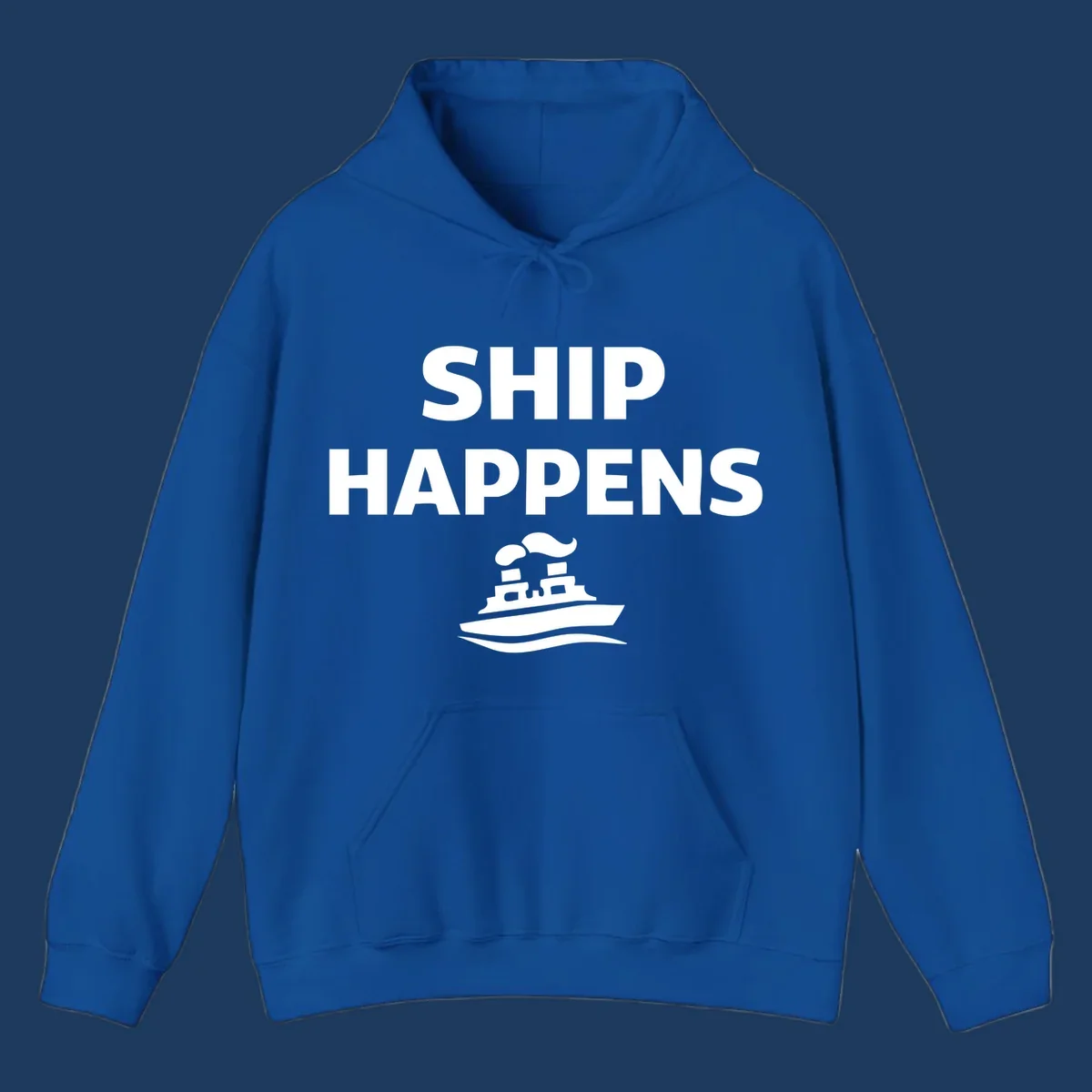 Ship Happens design with bold white text and cruise ship illustration on gray background