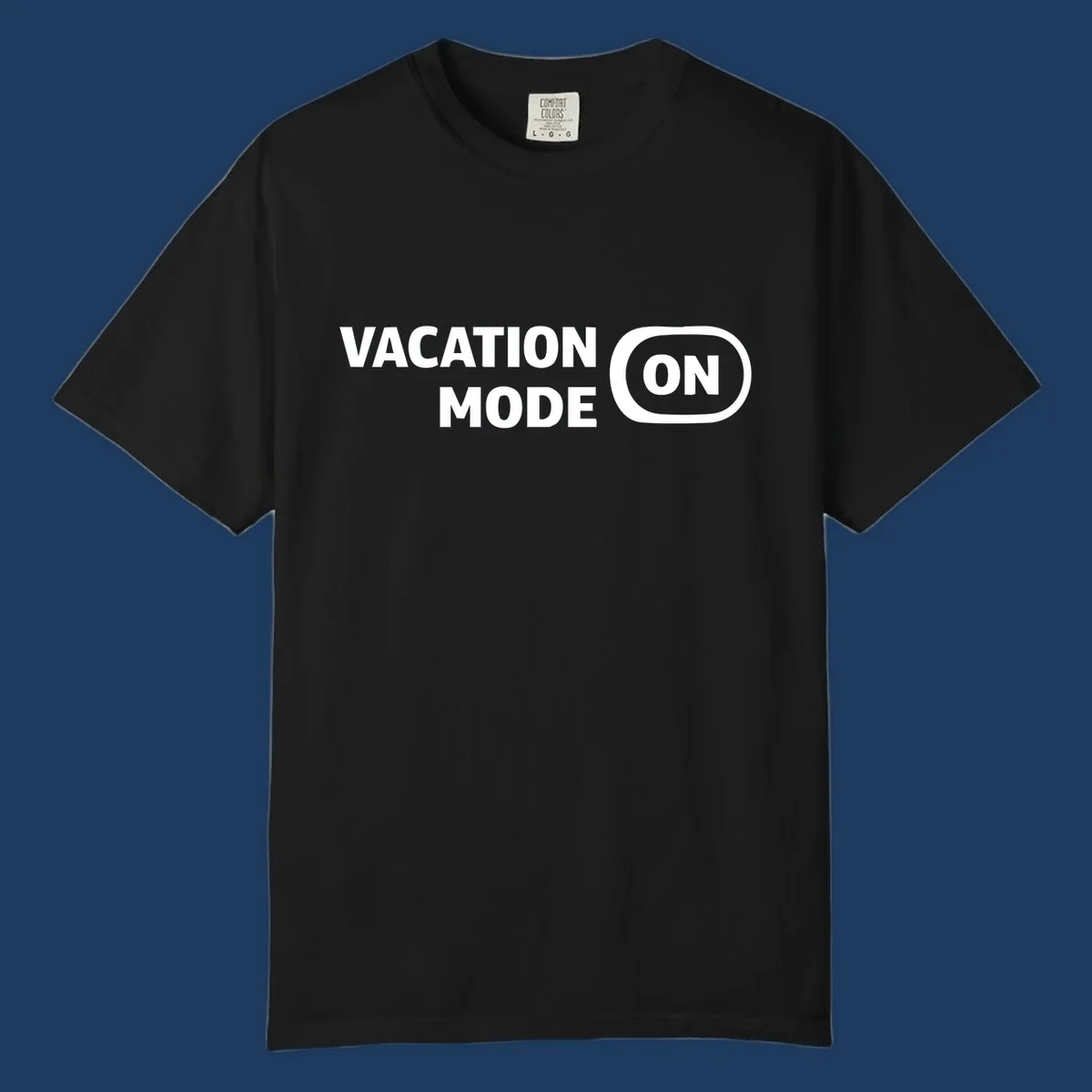 White text reading 'VACATION MODE ON' with 'ON' in a rounded button outline on gray background, vacation-mode-on design