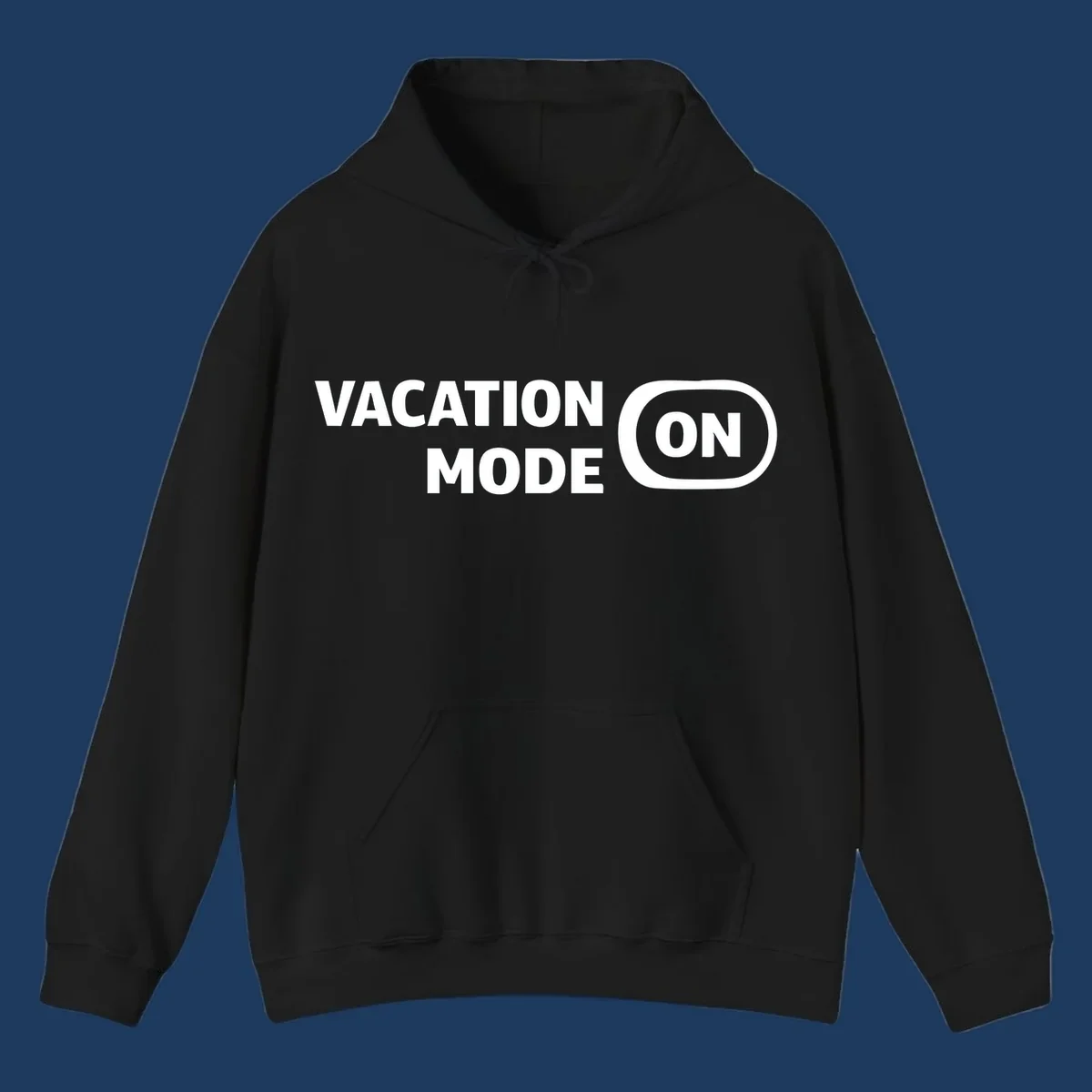 White text reading 'VACATION MODE ON' with 'ON' in a rounded button outline on gray background, vacation-mode-on design