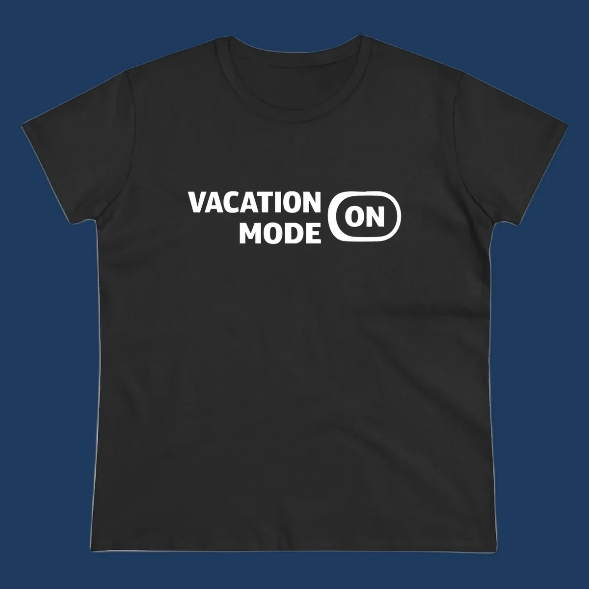 White text reading 'VACATION MODE ON' with 'ON' in a rounded button outline on gray background, vacation-mode-on design