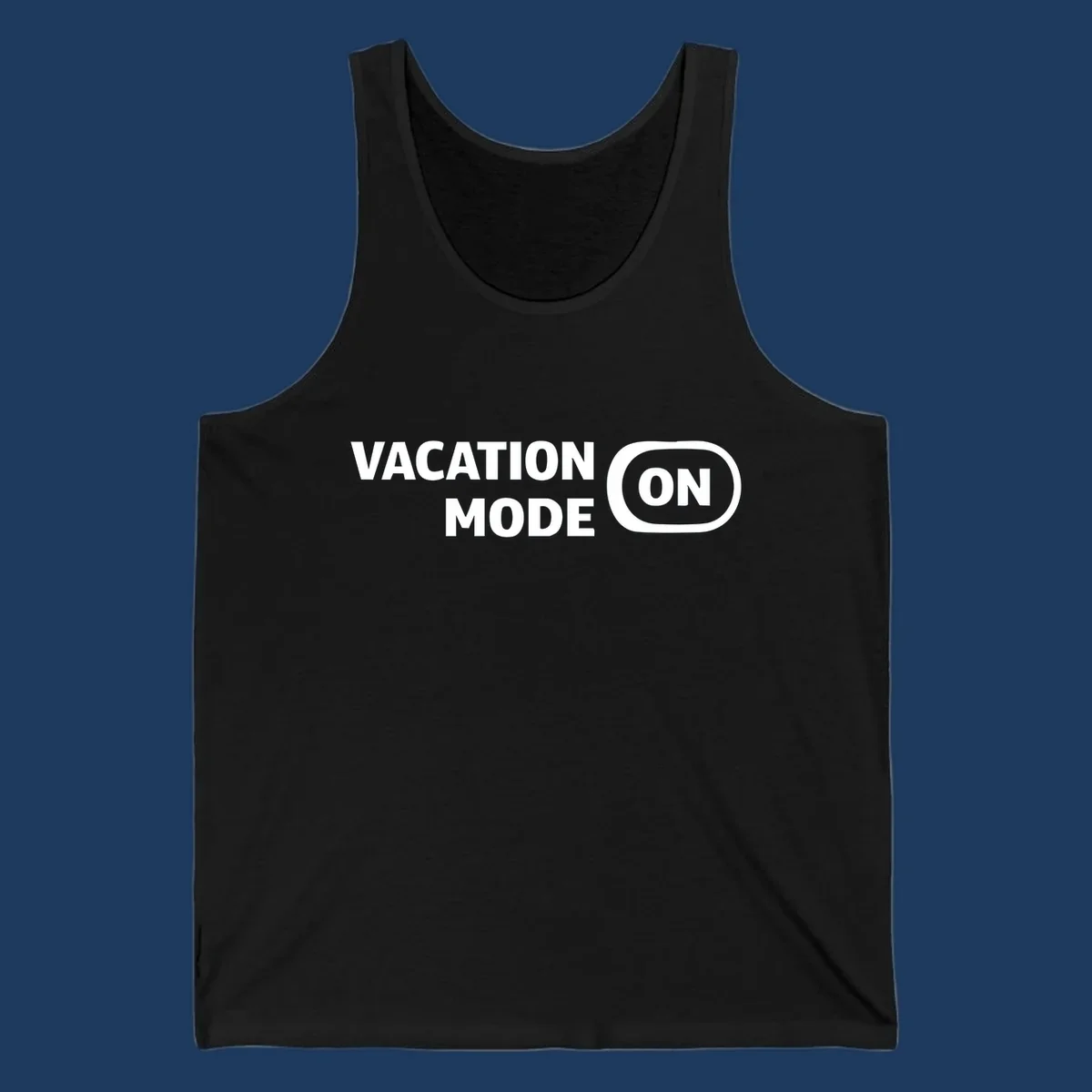 White text reading 'VACATION MODE ON' with 'ON' in a rounded button outline on gray background, vacation-mode-on design
