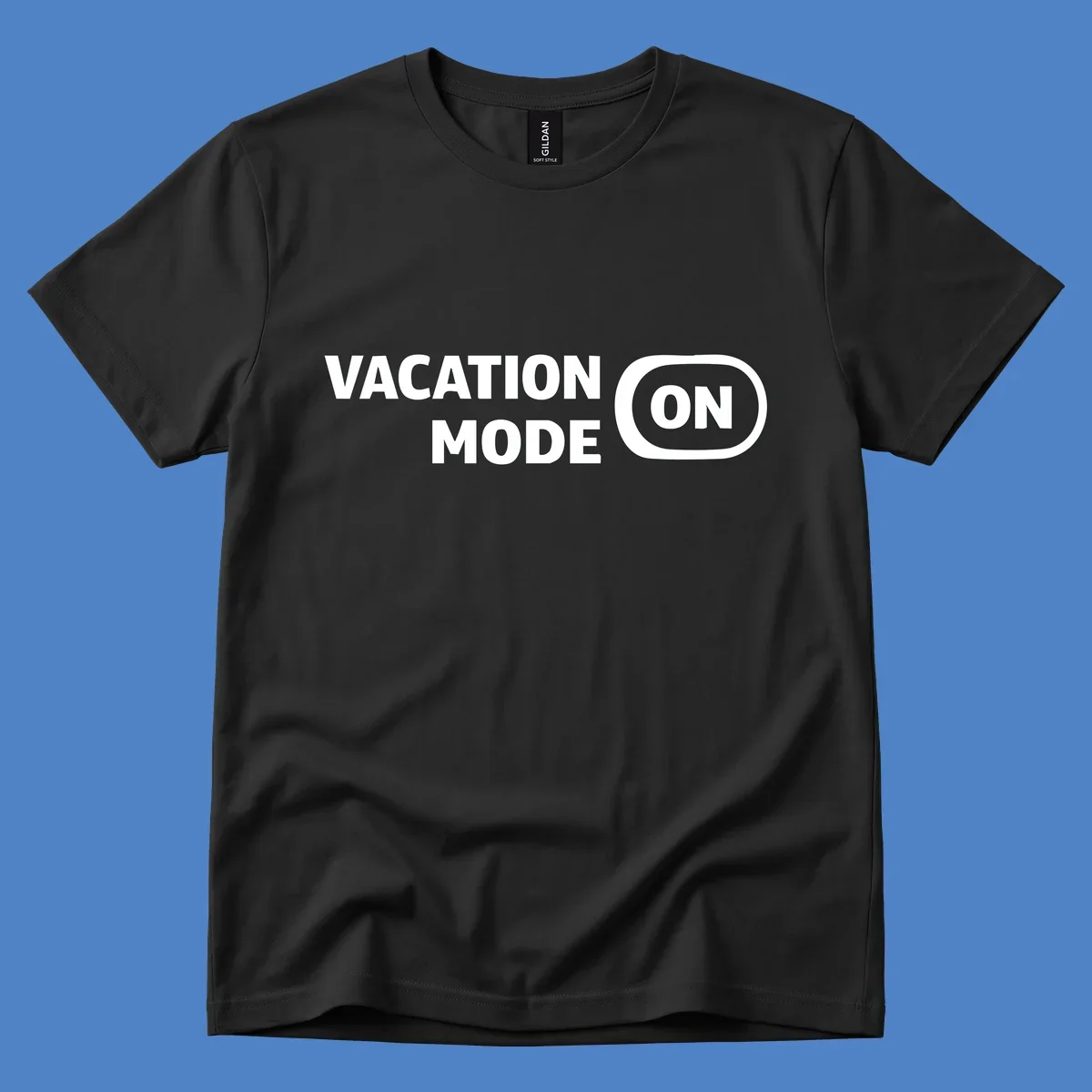 White text reading 'VACATION MODE ON' with 'ON' in a rounded button outline on gray background, vacation-mode-on design