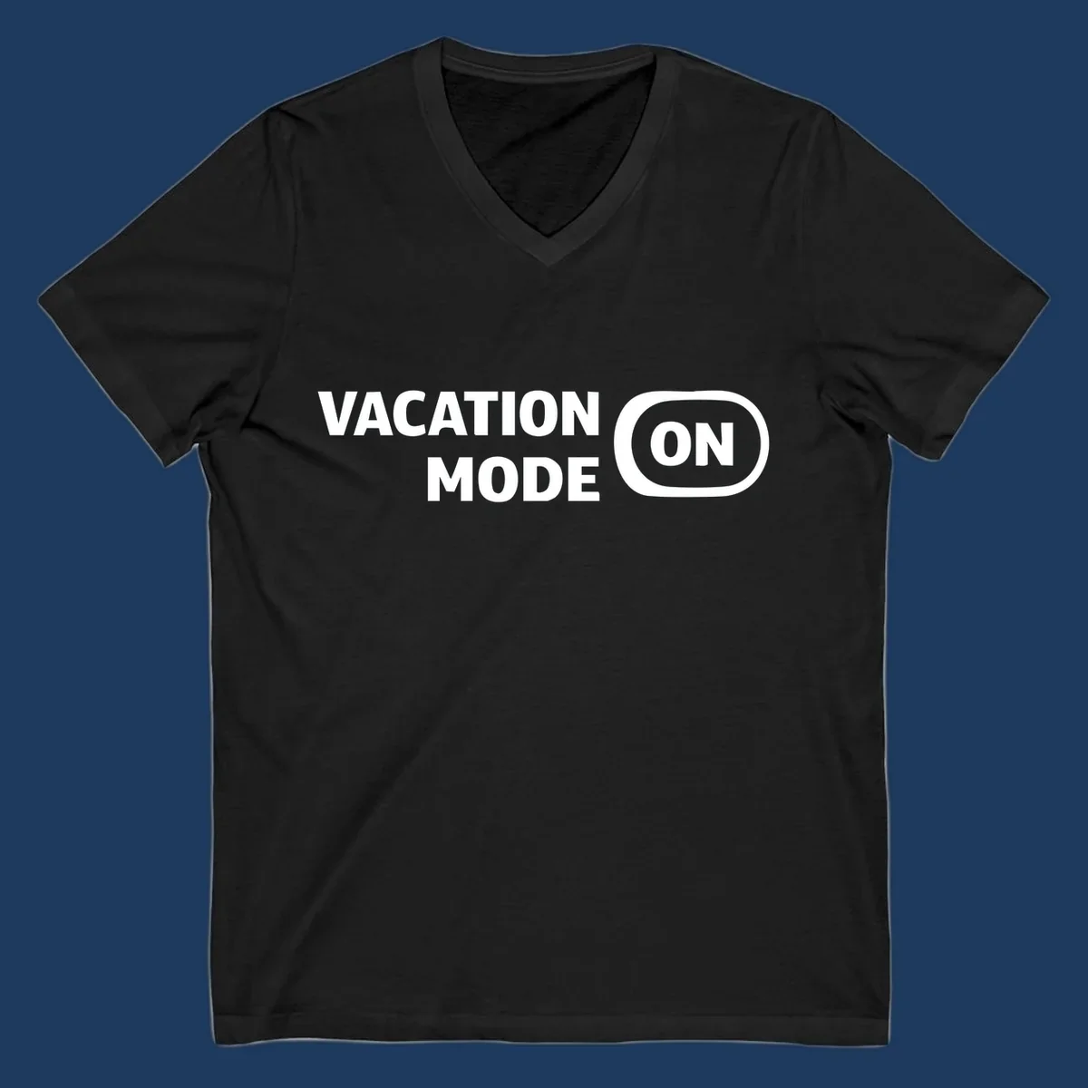 White text reading 'VACATION MODE ON' with 'ON' in a rounded button outline on gray background, vacation-mode-on design