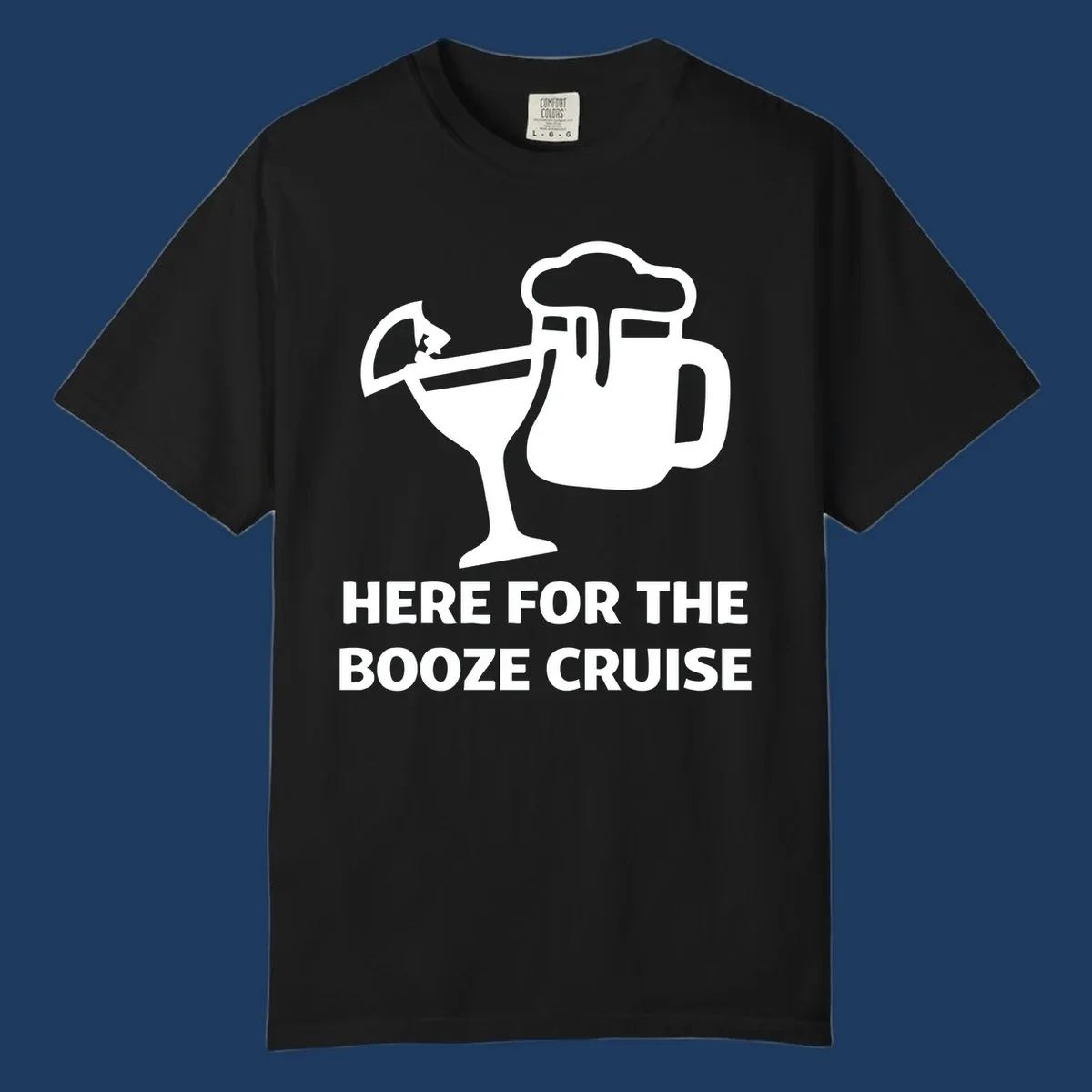 Booze cruise party design: minimalist figure holding cocktail and beer mug with text 'Here For The Booze Cruise'