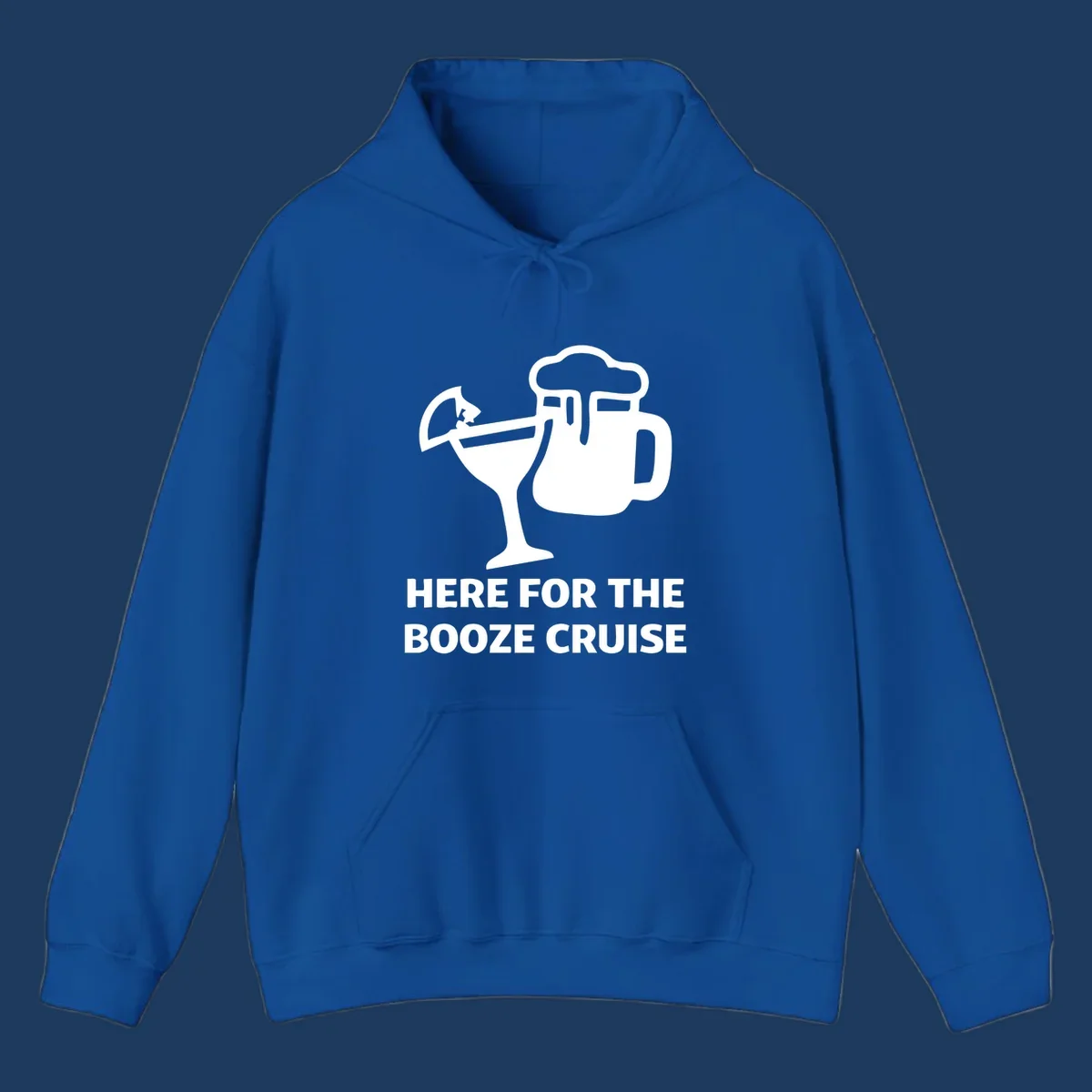 Booze cruise party design: minimalist figure holding cocktail and beer mug with text 'Here For The Booze Cruise'