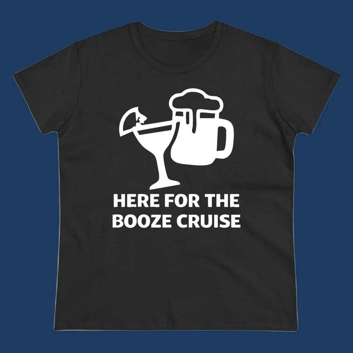 Booze cruise party design: minimalist figure holding cocktail and beer mug with text 'Here For The Booze Cruise'