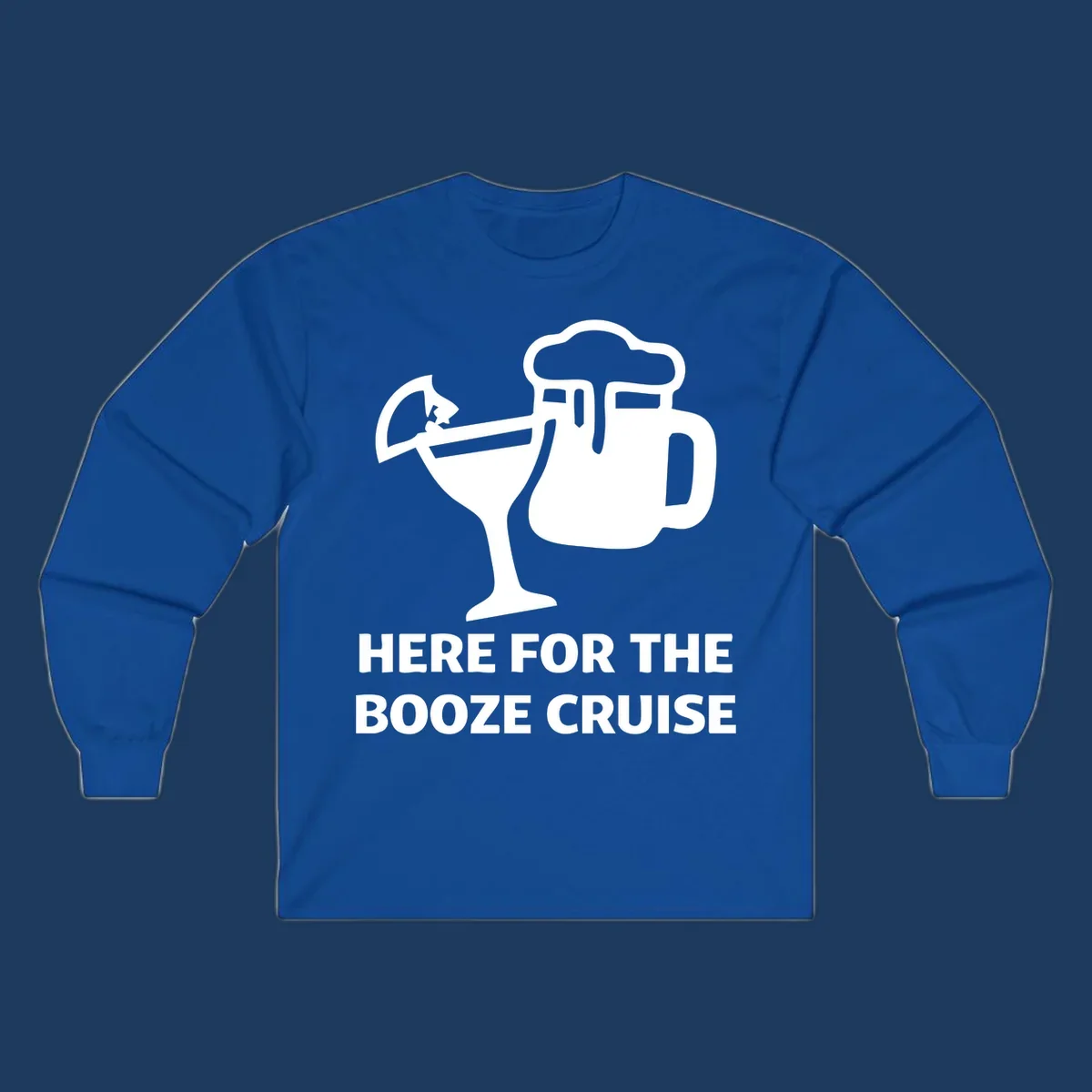 Booze cruise party design: minimalist figure holding cocktail and beer mug with text 'Here For The Booze Cruise'