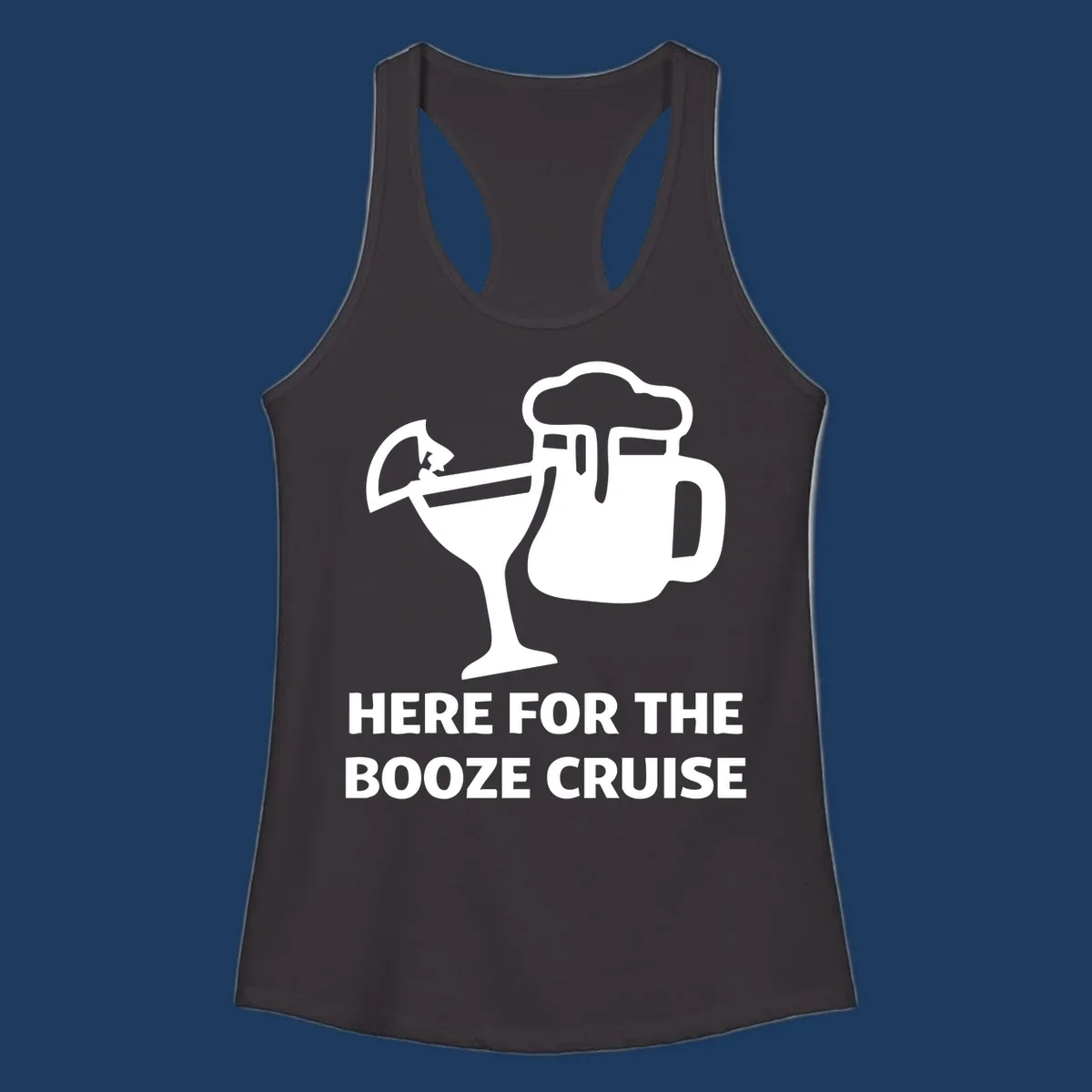 Booze cruise party design: minimalist figure holding cocktail and beer mug with text 'Here For The Booze Cruise'
