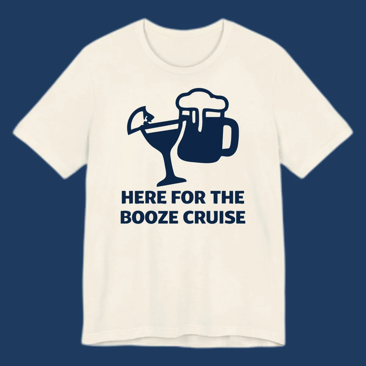 Booze cruise party design: minimalist figure holding cocktail and beer mug with text 'Here For The Booze Cruise'