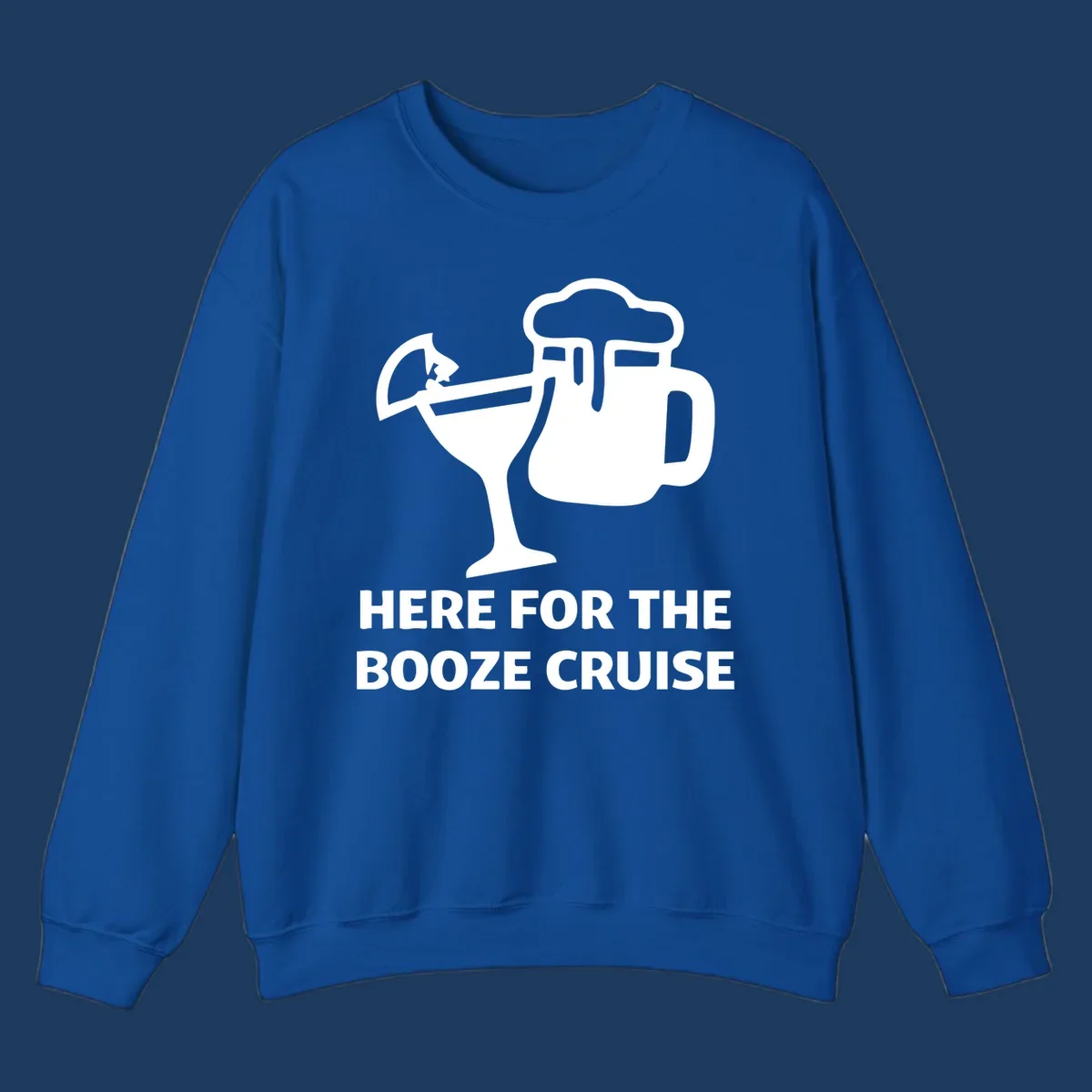 Booze cruise party design: minimalist figure holding cocktail and beer mug with text 'Here For The Booze Cruise'