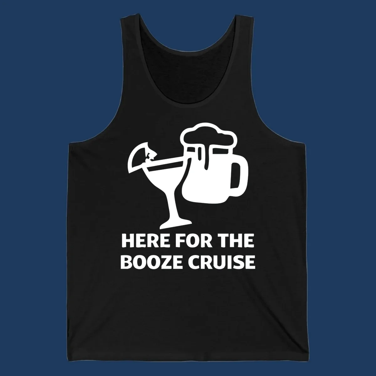 Booze cruise party design: minimalist figure holding cocktail and beer mug with text 'Here For The Booze Cruise'