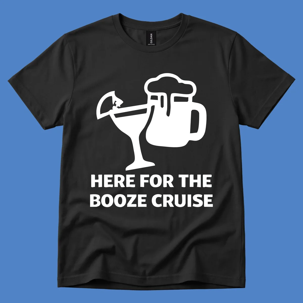 Booze cruise party design: minimalist figure holding cocktail and beer mug with text 'Here For The Booze Cruise'