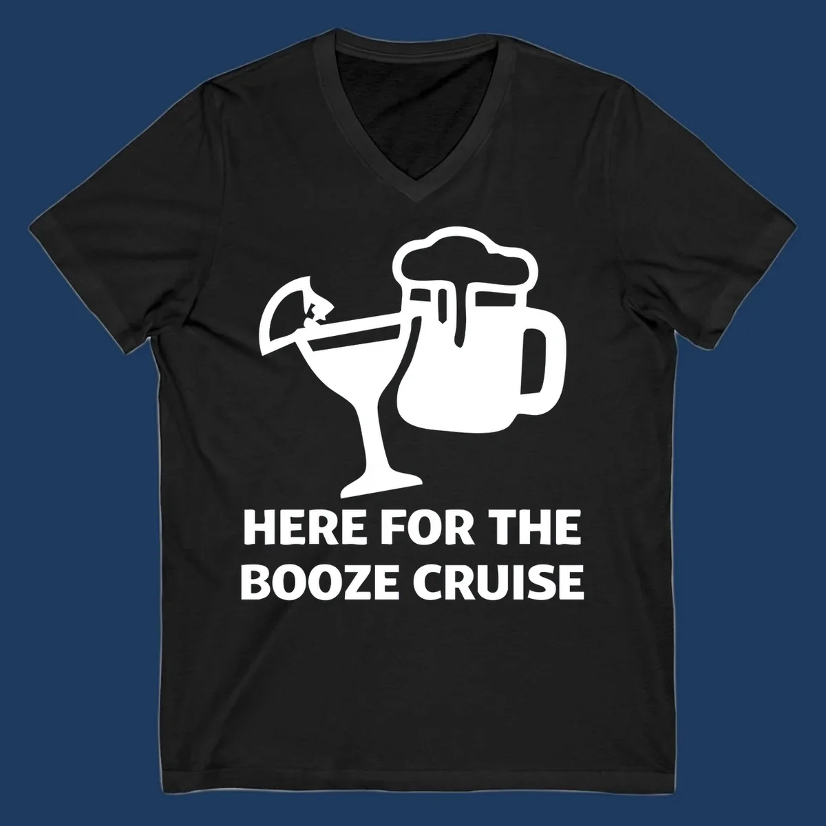 Booze cruise party design: minimalist figure holding cocktail and beer mug with text 'Here For The Booze Cruise'