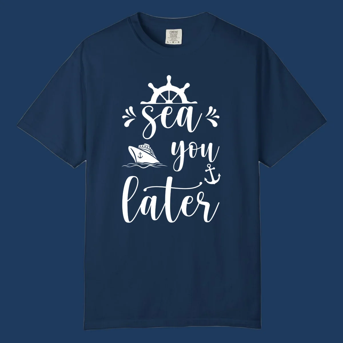 Sea you on the water nautical design with ship's wheel, cruise ship, anchor, and decorative flourishes on gray background