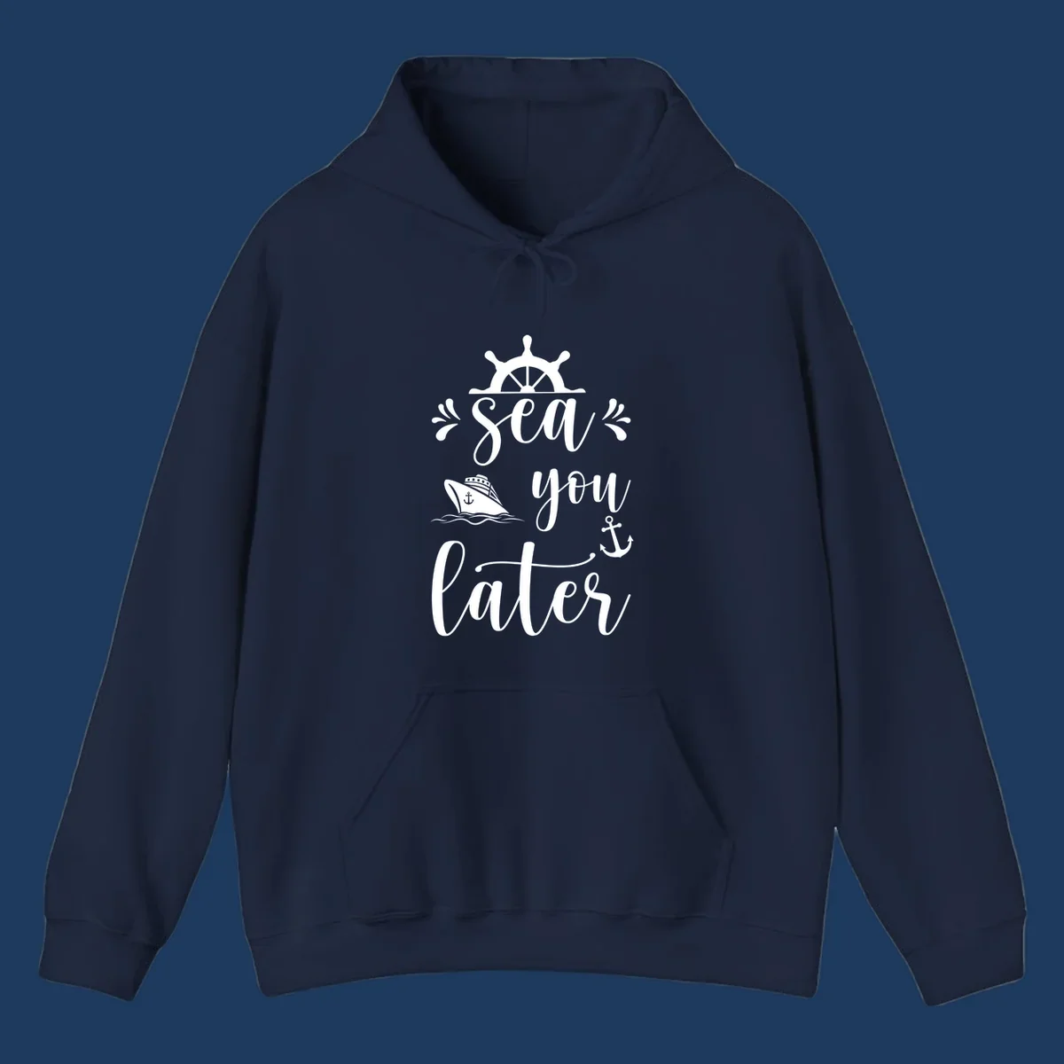 Sea you on the water nautical design with ship's wheel, cruise ship, anchor, and decorative flourishes on gray background