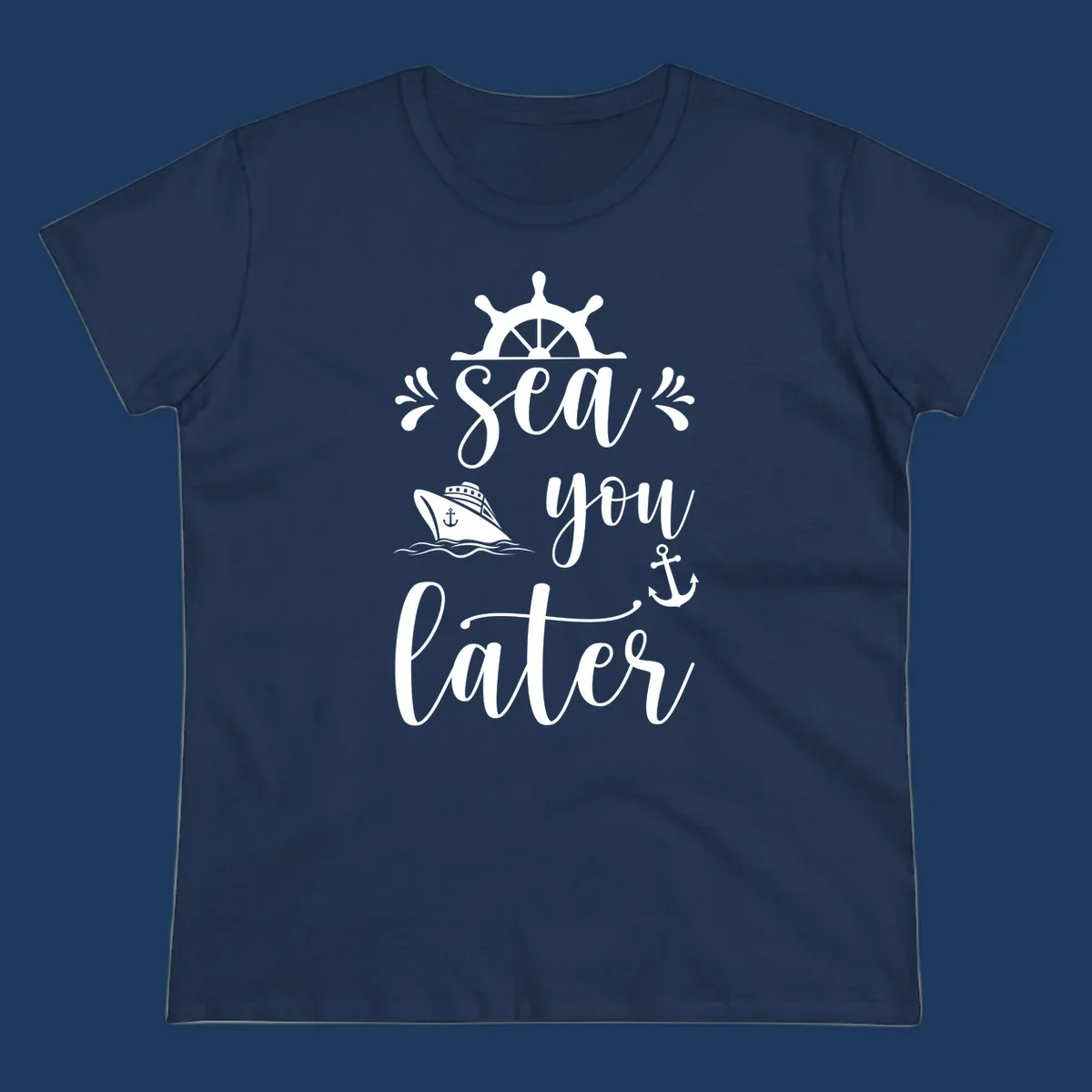 Sea you on the water nautical design with ship's wheel, cruise ship, anchor, and decorative flourishes on gray background